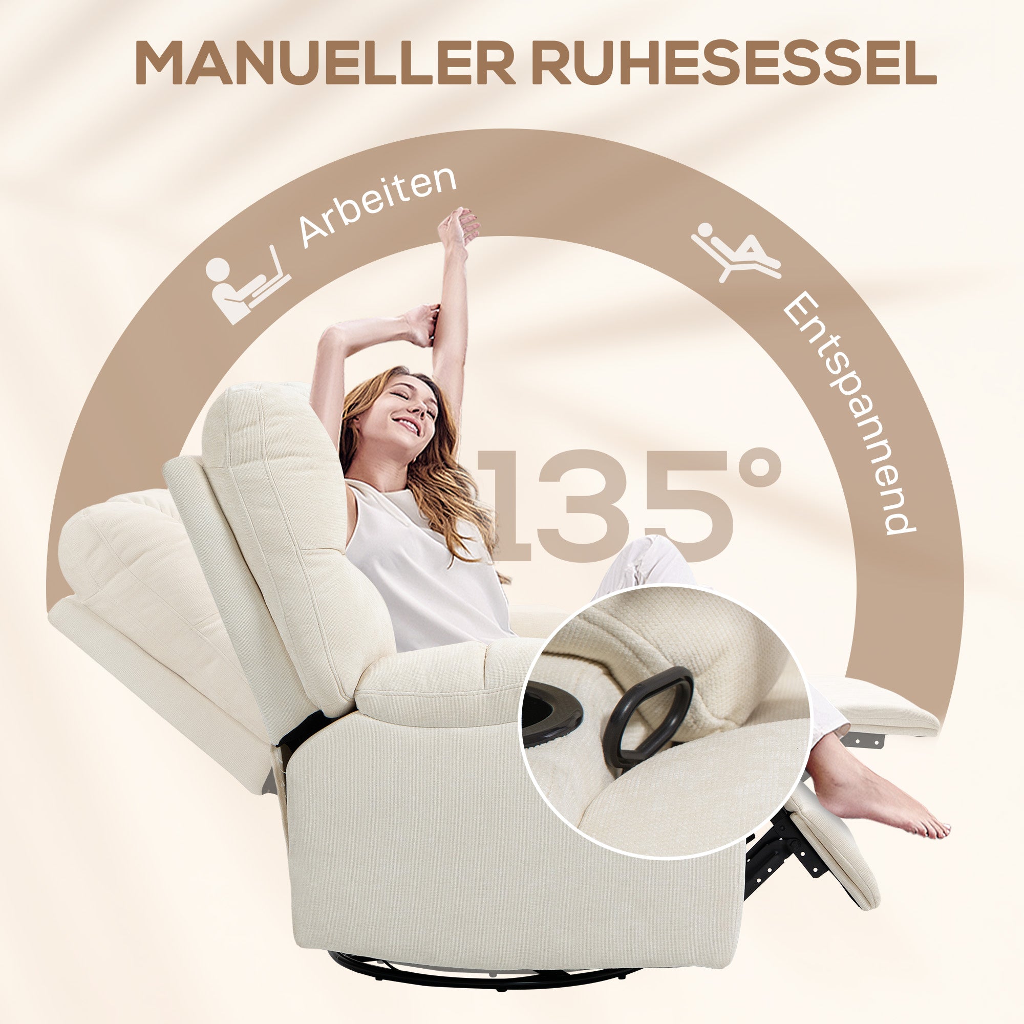 HOMCOM Relaxsessel mit Fußstütze, Liegesessel, drehbar, bis 150 kg, Stahlrahmen, 88x96x108cm, Beige