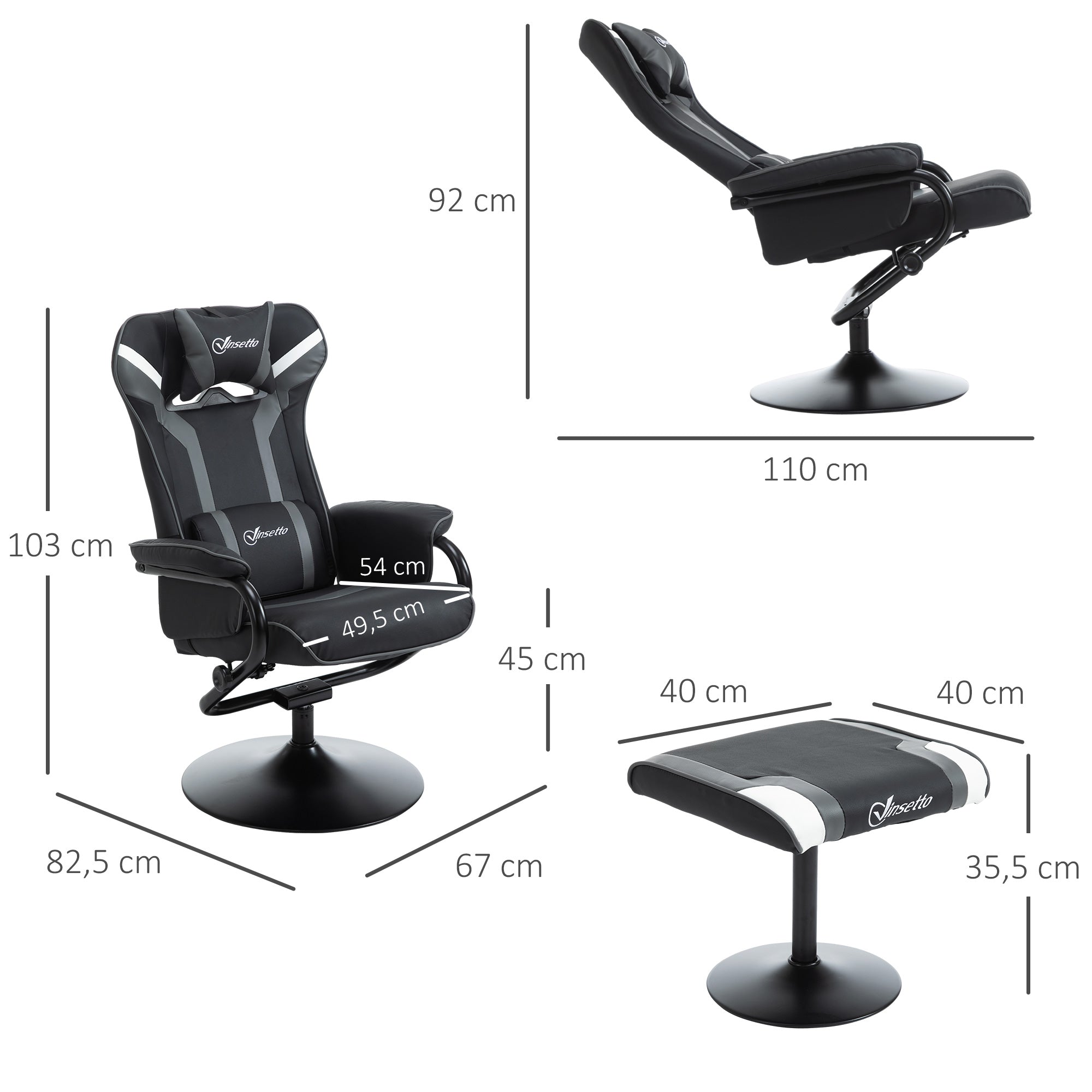Vinsetto Relaxsessel neigbar mit Hocker 67 x 82,5 x 103cm Stahl Schwarz+Grau