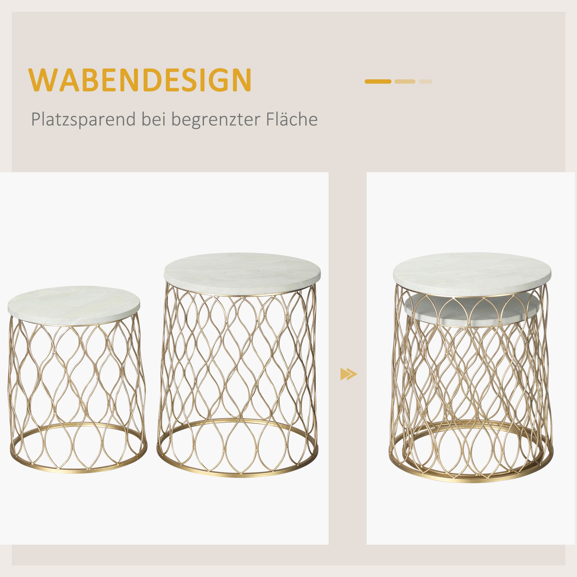 Outsunny 2er-Set Gartentisch Beistelltische Couchtische Retro Drahtkorb Metallkorb Garten Satztisch Gartenmöbel Outdoor Balkon Stahl Gold + Weiß Ø41 x 46 cm