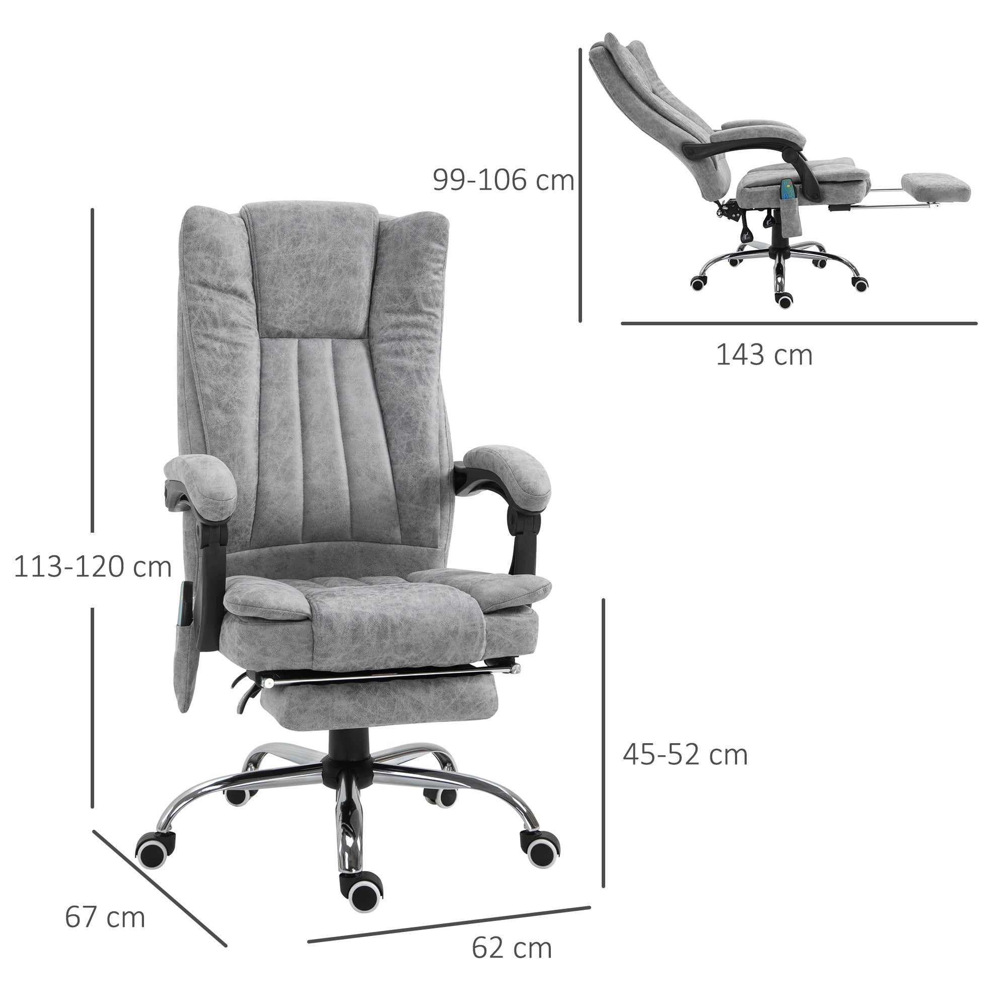 Vinsetto Bürostuhl mit Massagefunktion, Ergonomischer Schreibtischstuhl mit Heizfunktion, Liegefunktion, Höhenverstellbarer Drehstuhl mit Fußstütze, Seitentasche, Grau