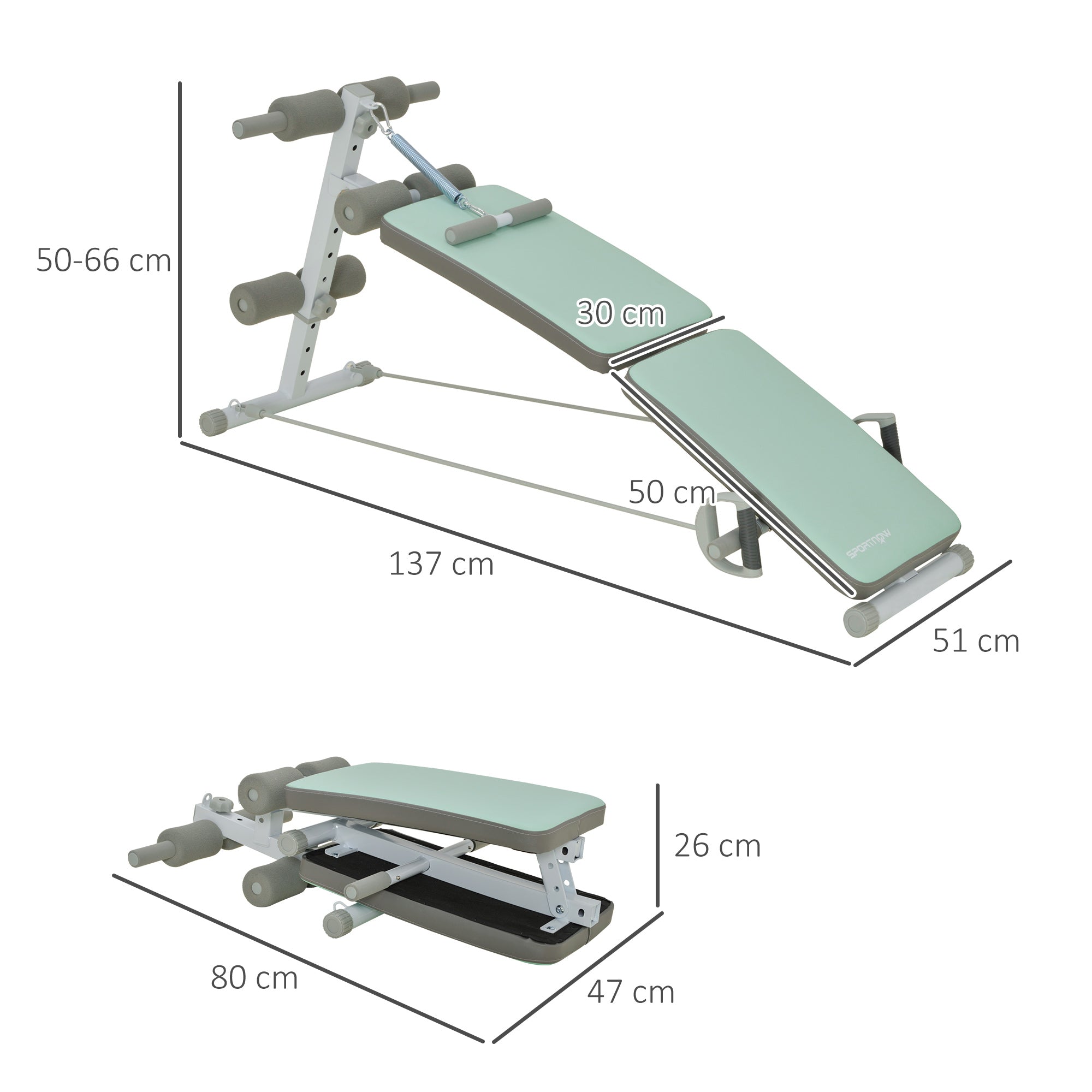 SPORTNOW Trainingsbank, Bauchtrainer, höhenverstellbar, klappbar, 2 Widerstandsbänder, Stahl, grün, 51 x 137 x 50-66 cm