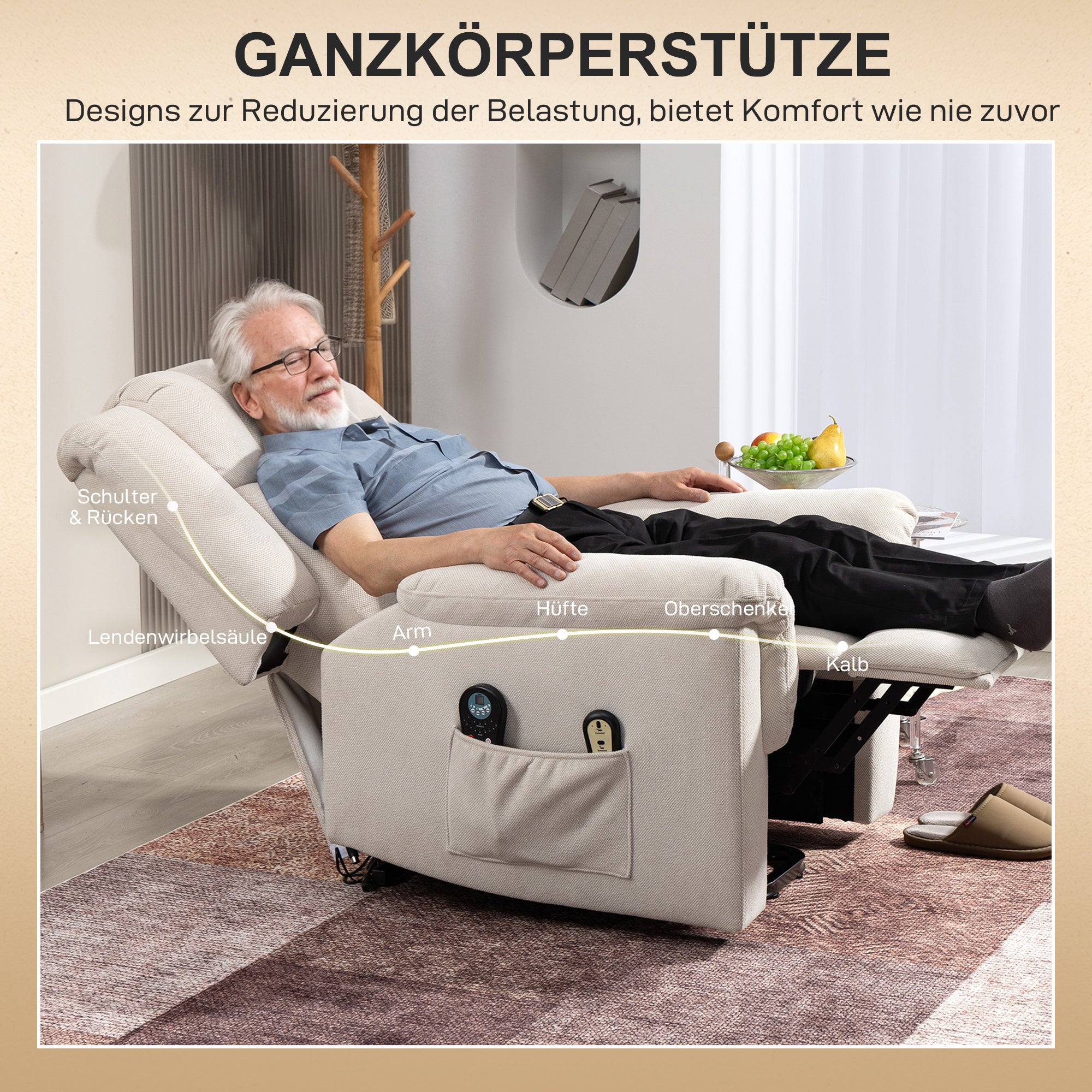 HOMCOM Powerlift-Sessel, Massagesessel mit Wärmefunktion, Polstersessel mit Fußstütze, Seitentasche, Stoffbezug, Beige