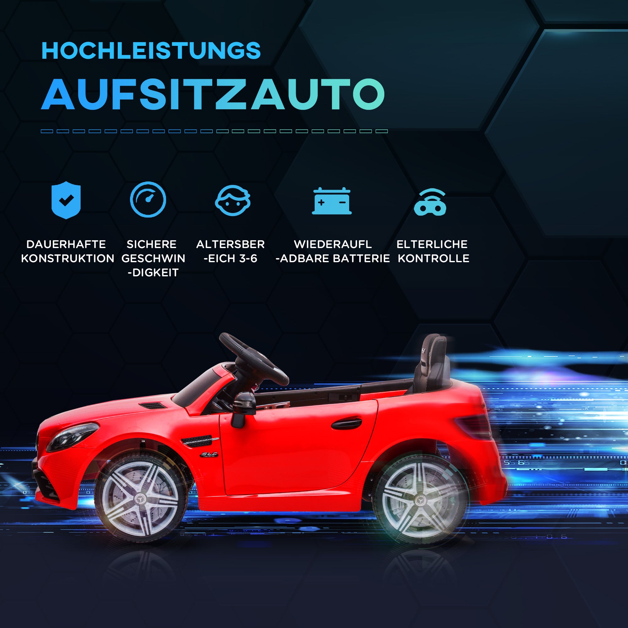 AIYAPLAY Kinder-Elektroauto mit LED-Scheinwerfern, Sicherheitsgurt, Hupe, Musik, 3-5 km/h, 3-6 Jahre, Rot