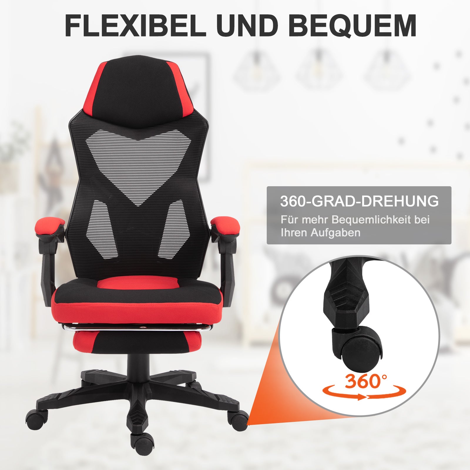 Vinsetto Ergonomischer Bürostuhl, Gaming Stuhl, Drehstuhl mit Fußstütze, PC Stuhl, Chefsessel,  höhenverstellbar, Polyester, Schwarz+Rot,58 x 63 x 112-122 cm