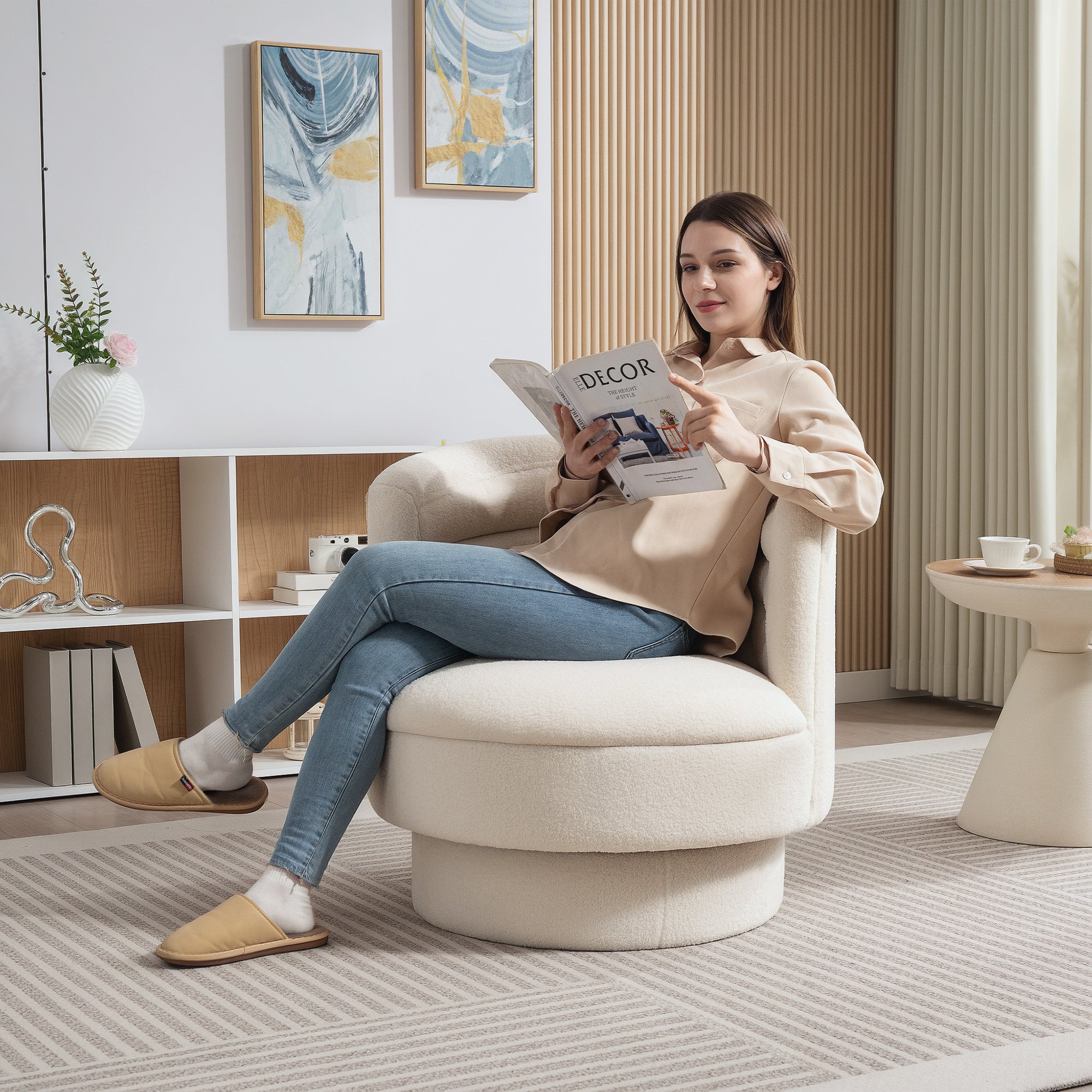 HOMCOM Drehbarer Polstersessel, Moderner Lounge-Sessel mit Kautschukholzrahmen, für Wohnzimmer, Schlafzimmer, Cremeweiß