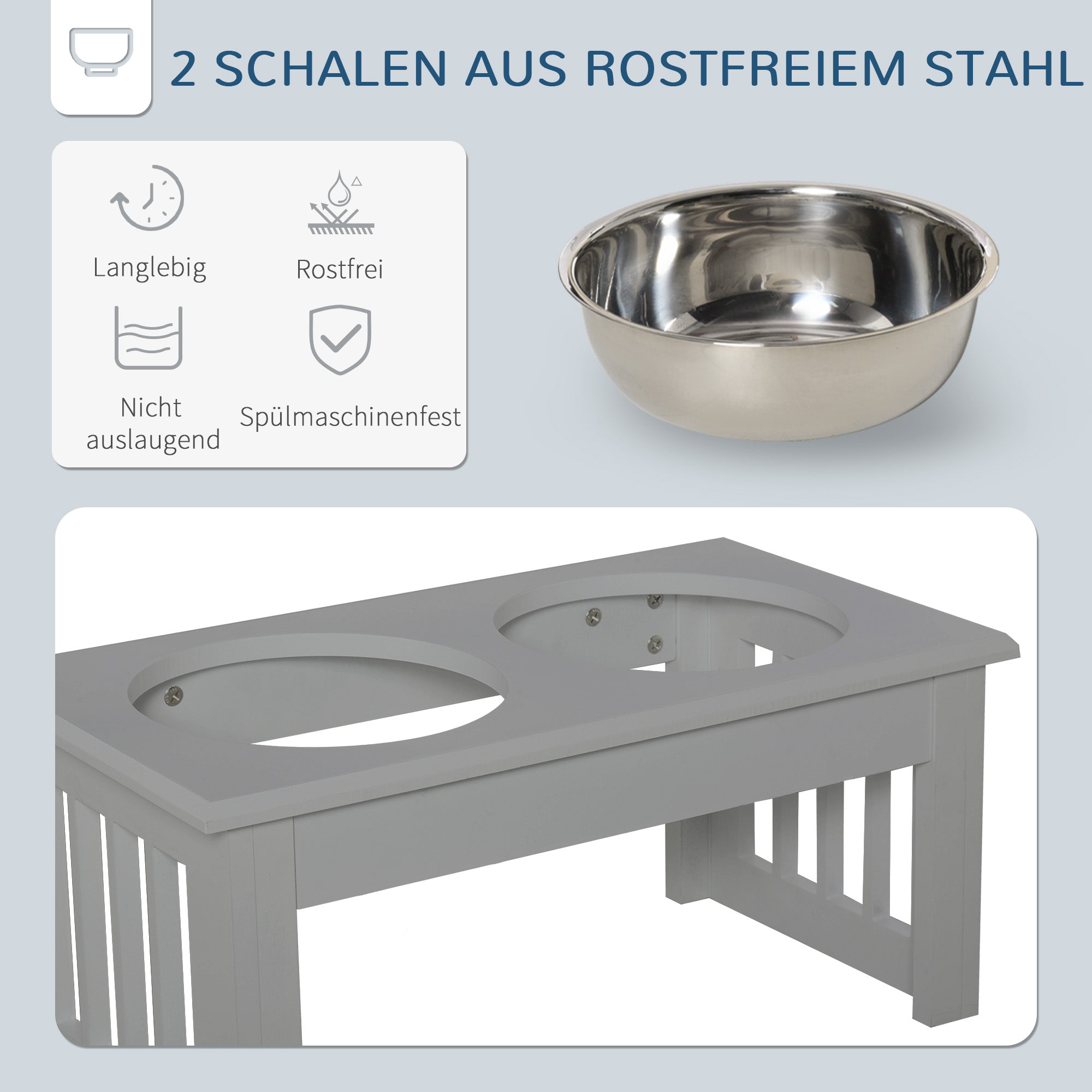PawHut Hunde-Futterstation, rutschfest, 44x24x15cm, Grau, 0,9L pro Napf