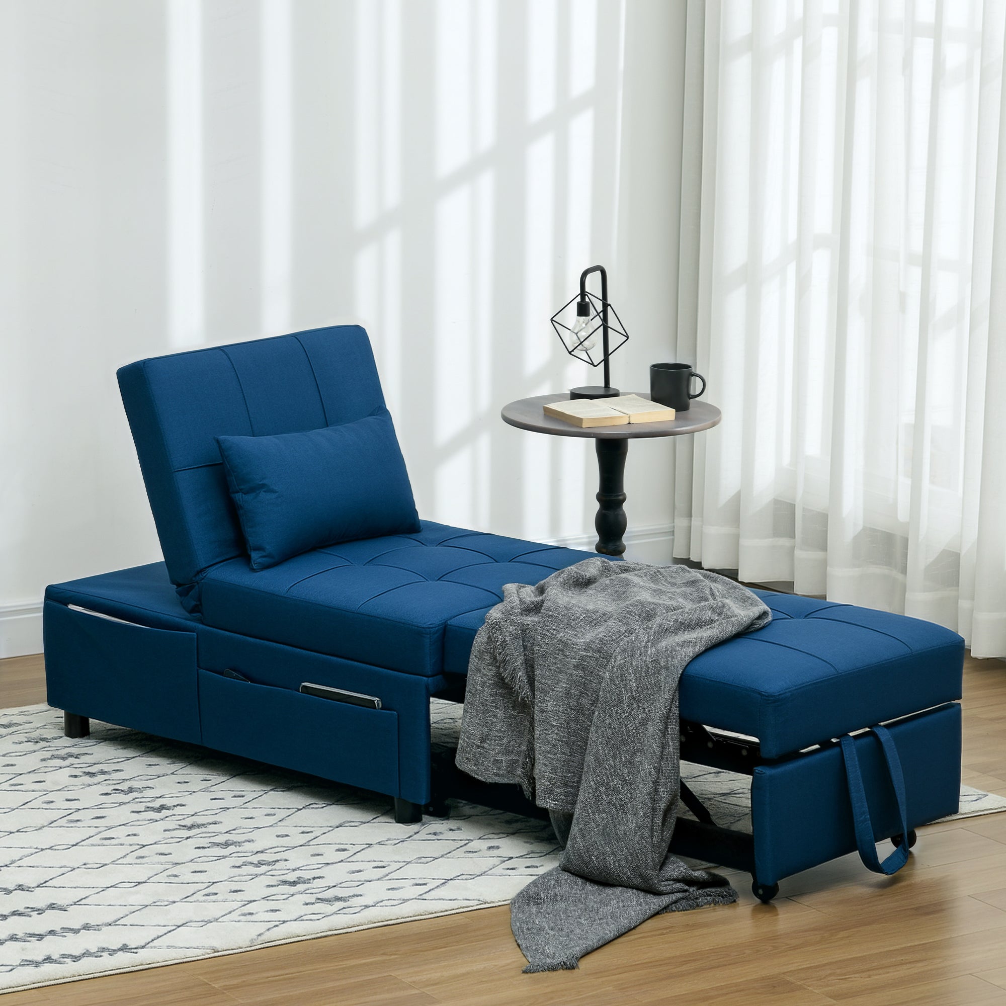 HOMCOM 3-in-1 Klappsessel mit Seitentasche, Gästebett mit Kissen, Verstellbarer Rückenlehne, Bettsessel mit Rollen, Blau