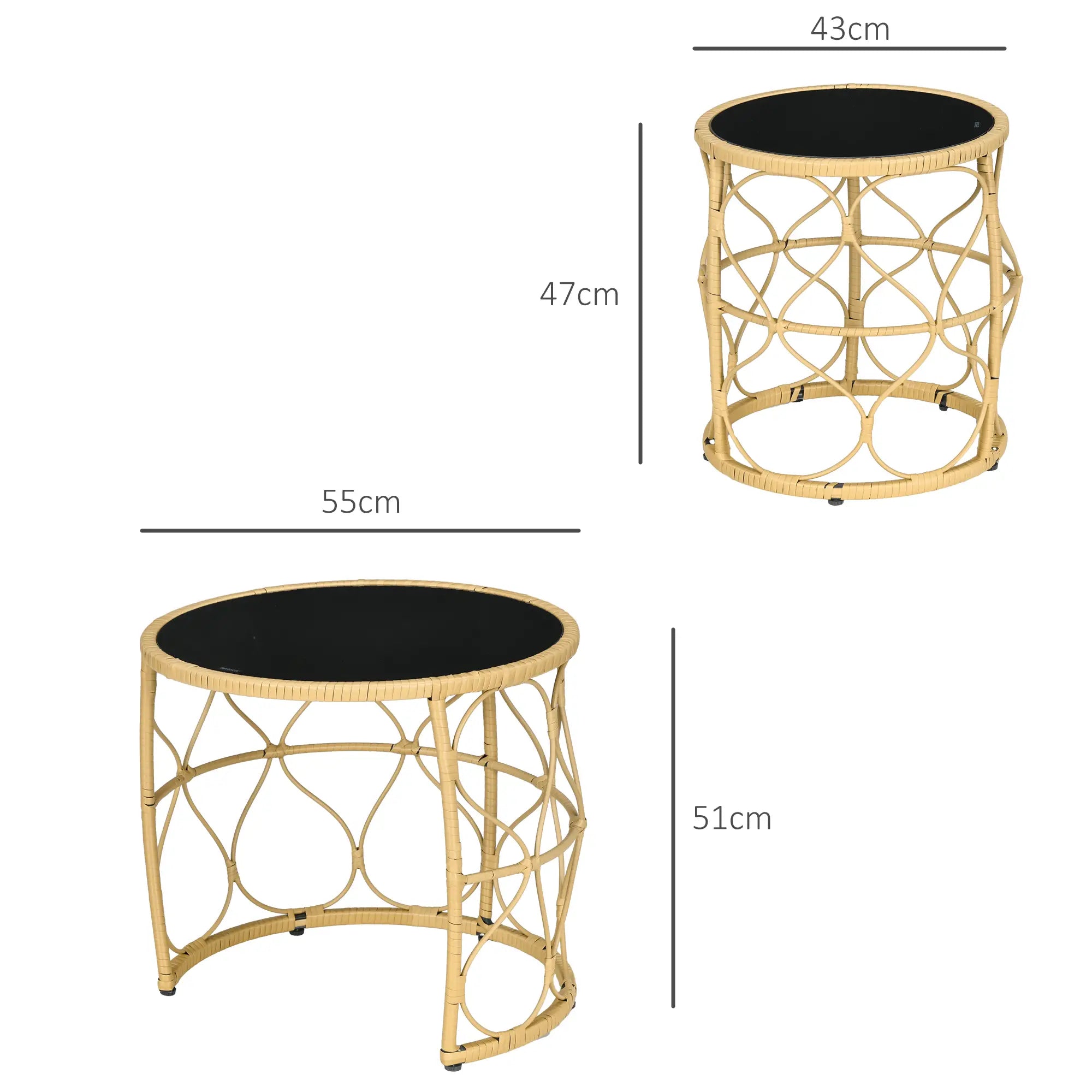 Outsunny Gartentisch 2er-Set stapelbar Indoor Outdoor Rattan Glas