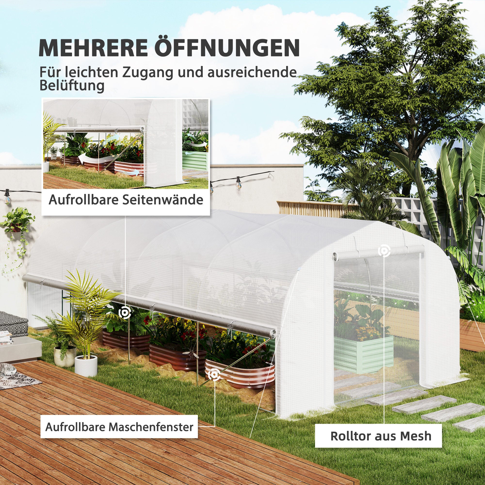 Outsunny 6x3x2 m Gewächshaus, begehbar, 8 Fenster, Tür, Fliegennetze, Metallgestell, Weiß