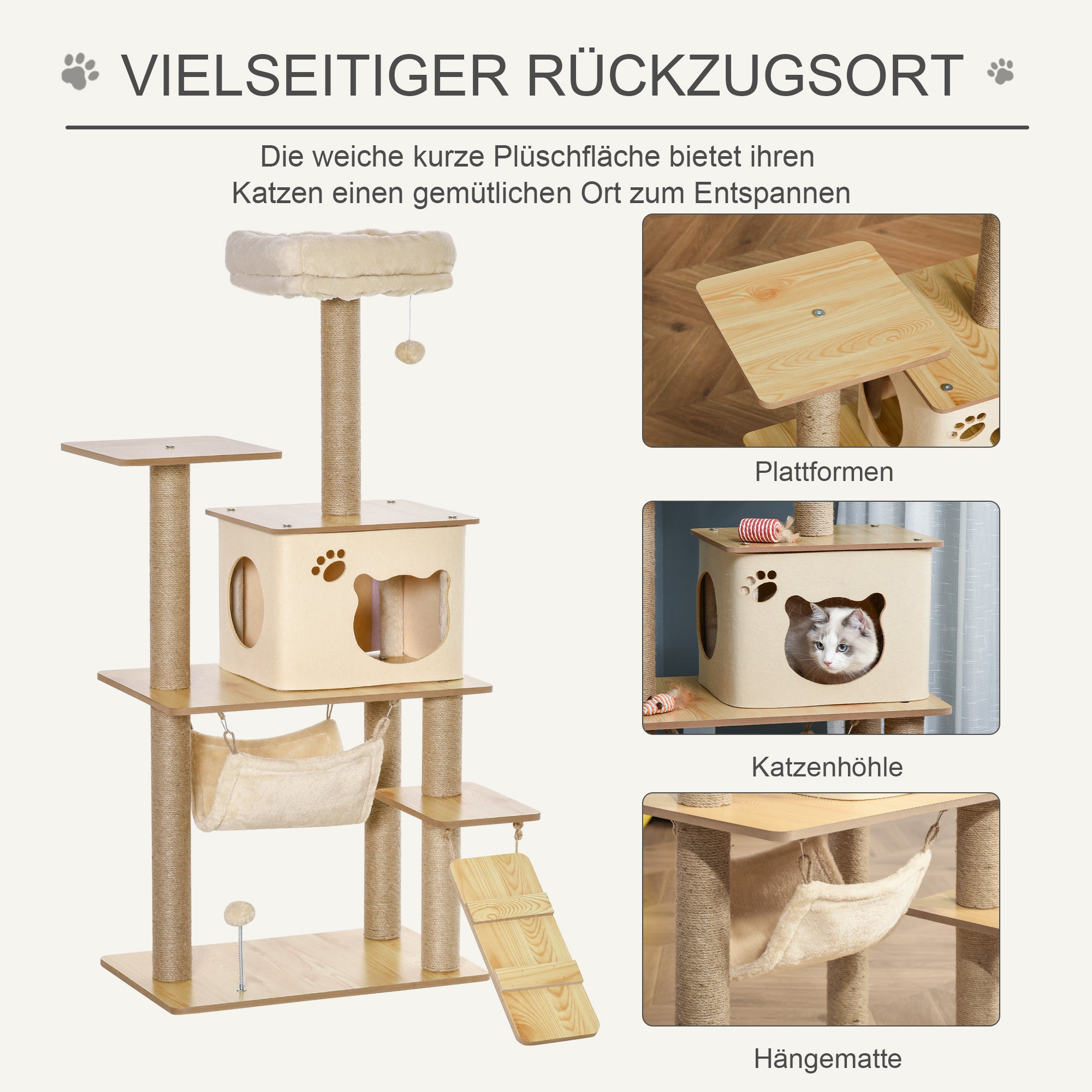 PawHut Kratzbaum Katzenbaum für Katzen Kletterbaum aus Holz mit Katzenhöhle Jutestämmen großer Plattform Spielbälle 130 cm Höhe stabil Plüsch Gelb 60 x 40 x 130 cm