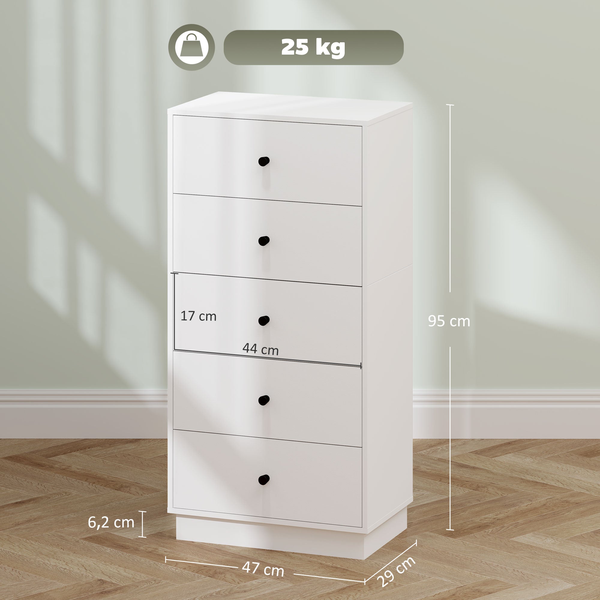 HOMCOM Kommode Sideboard mit 5 Schubladen Schrank aus Holzwerkstoff im Modern Stil 47 x 29 x 95 cm Weiß