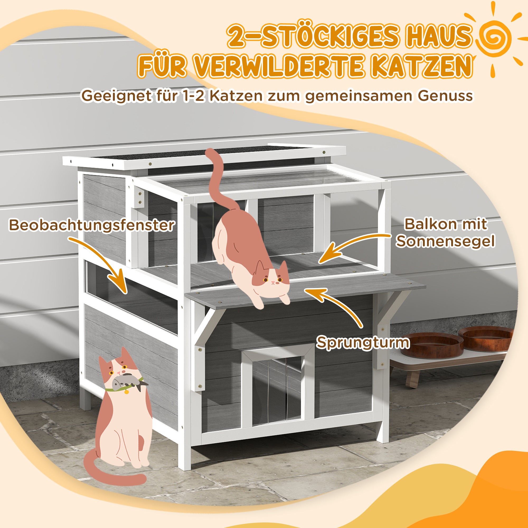 PawHut 2-stöckiges Katzenhaus mit Balkon, Wetterfeste Katzenhütte, Regen- und Sonnenschutz, für drinnen und draußen, Hellgrau