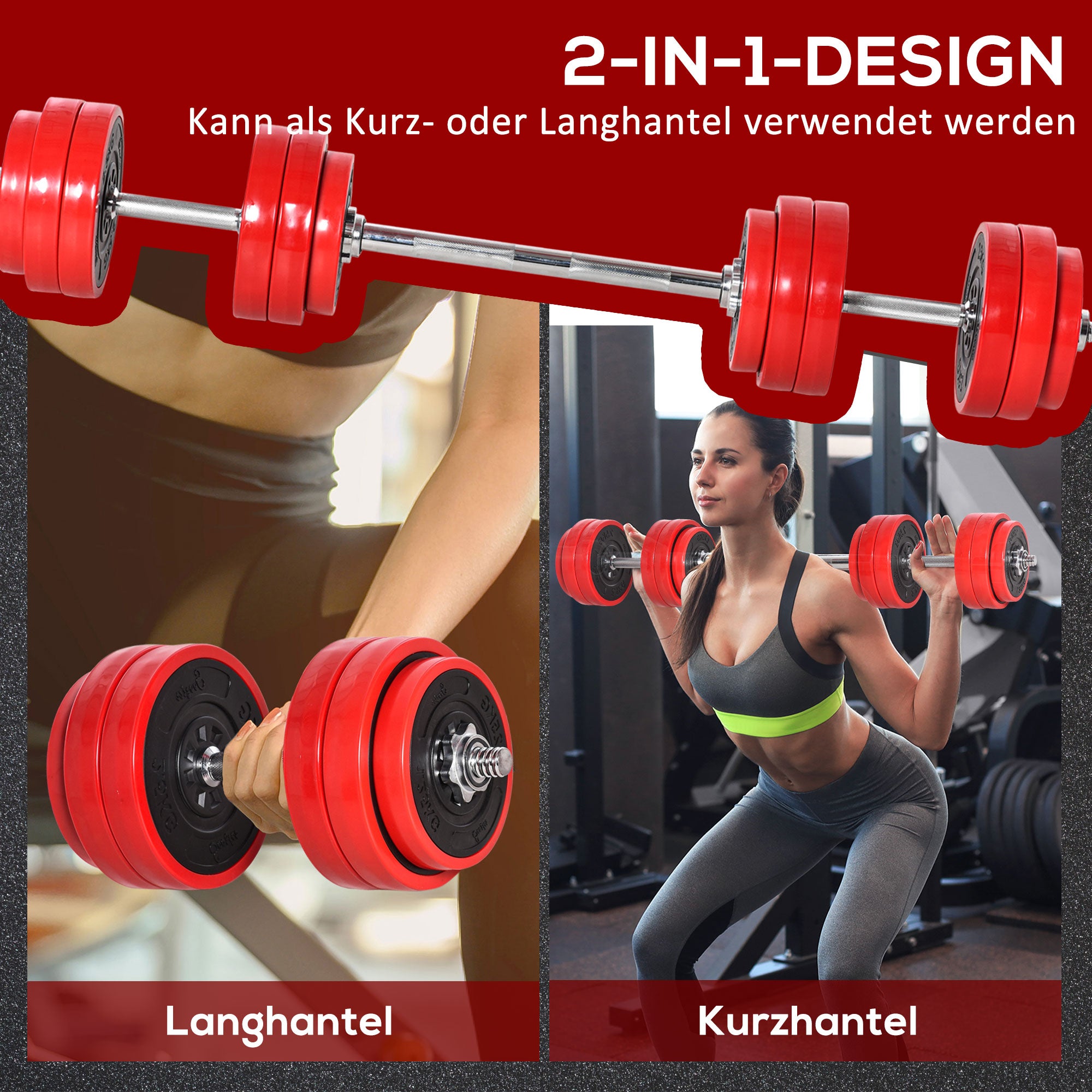 HOMCOM Hantelset 20/30KGS 2-IN-1 Hanteln&Langhanteln verstellbar Gewichtheben für Zuhause Fitness Muskel Stahl PP-Kunsstoff Eisen Sand Rot+Schwarz 21,5 x 21,5 x 3,8 cm
