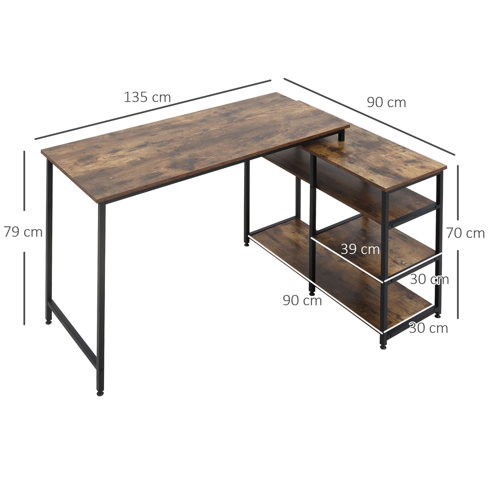 HOMCOM Eckschreibtisch Winkelschreibtisch PC-Tisch Computertisch Bürotisch Regal Schublade L-Form Spanplatte Metall Rustikales Braun 135 x 90 x 79 cm