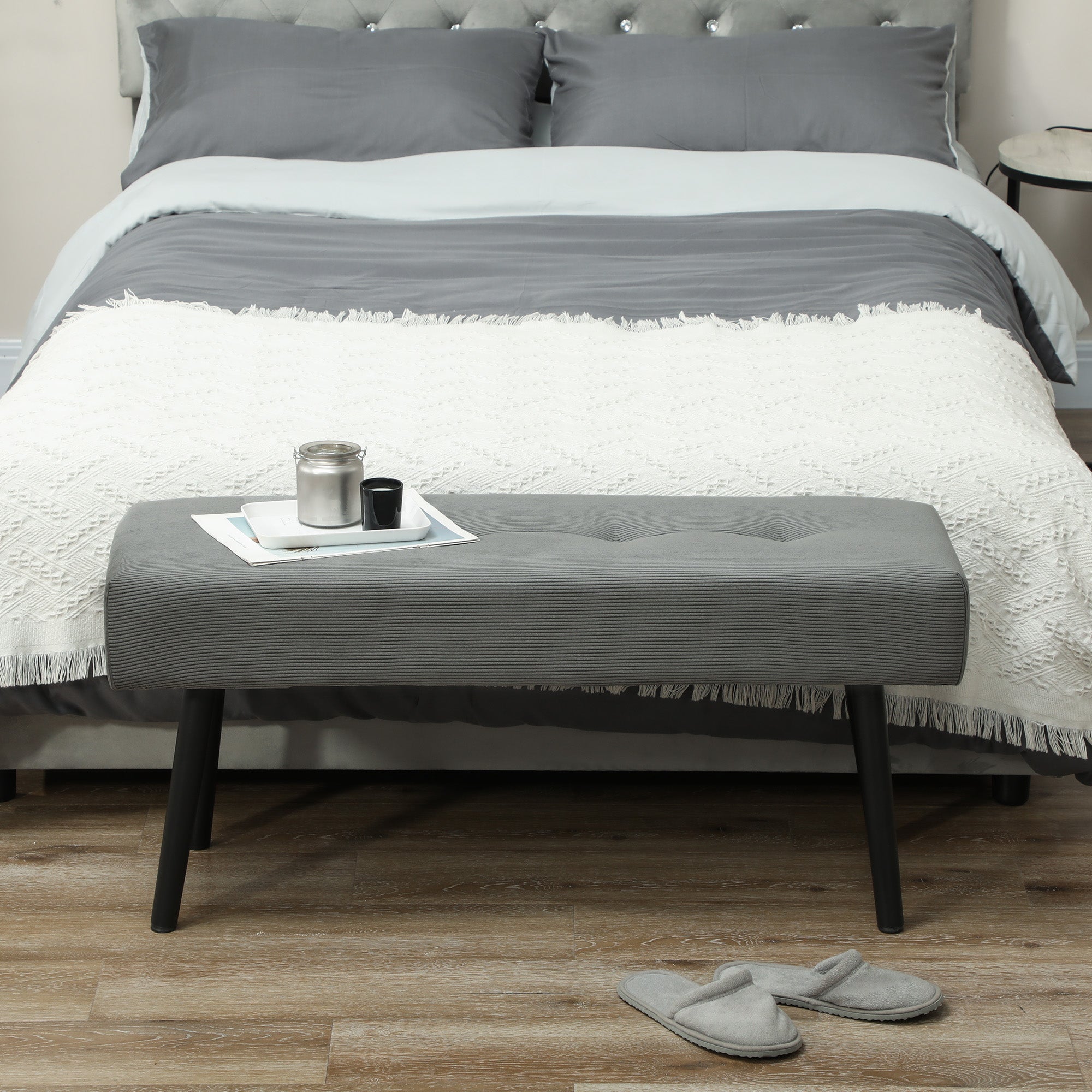 HOMCOM Sitzbank Polsterbank mit Cordbezug, Bettbank mit Metallbeine, Schuhbank 100 x 36 x 45 cm Grau