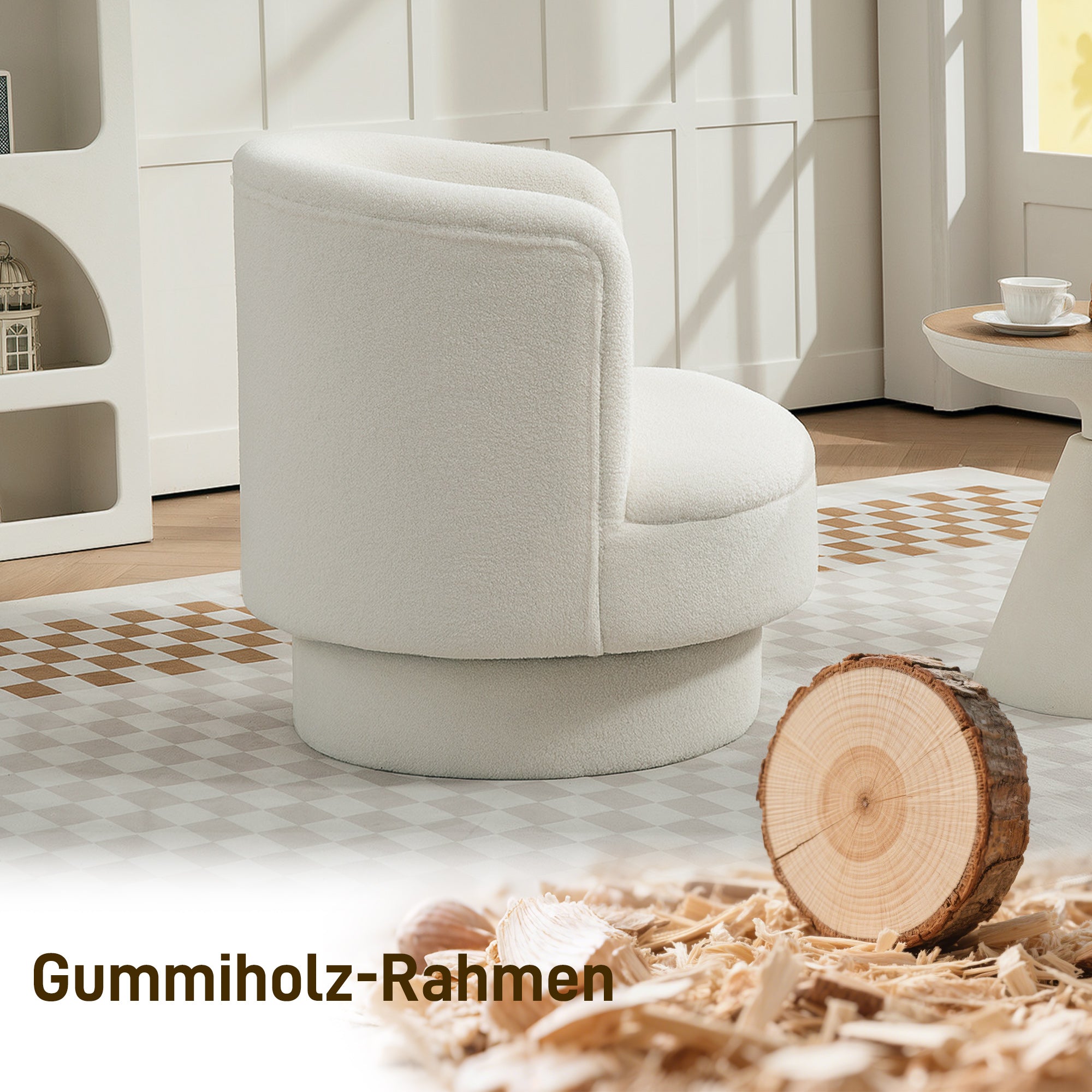 HOMCOM Drehbarer Polstersessel, Moderner Lounge-Sessel mit Kautschukholzrahmen, für Wohnzimmer, Schlafzimmer, Cremeweiß