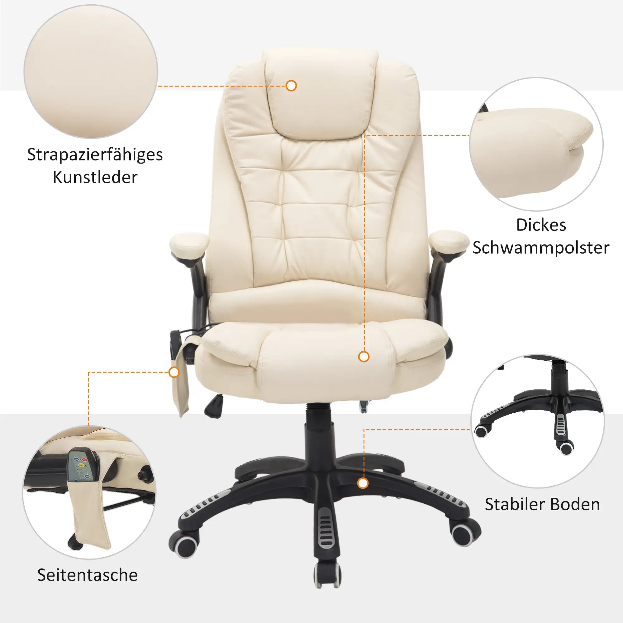 HOMCOM Bürostuhl mit Massagefunktion, Wärmefunktion, höhenverstellbar, Kippfunktion, Massage-Bürostuhl, Cremeweiß + Schwarz