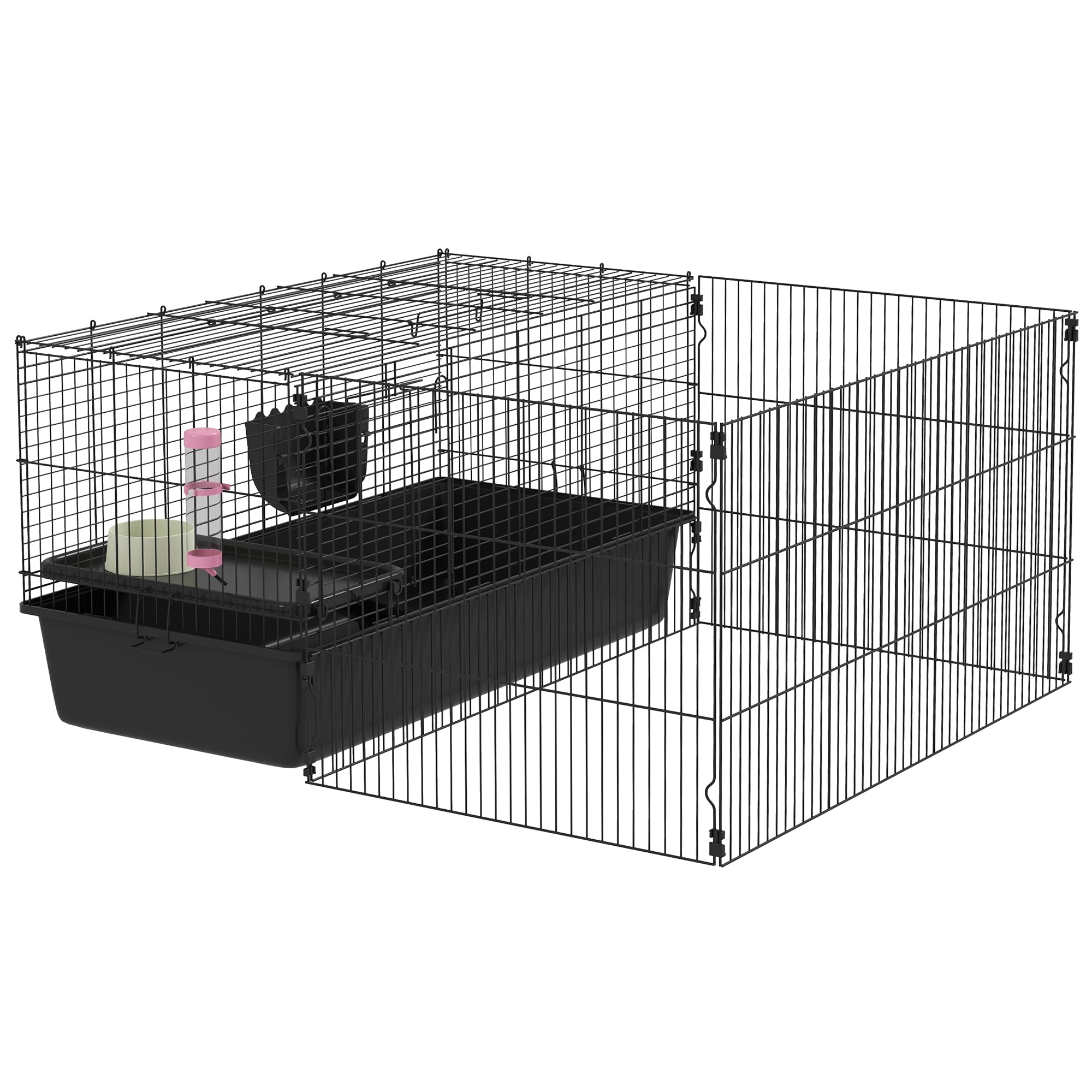 PawHut Kleintierkäfig mit abnehmbaren Gehege, Laufgitter mit Stall, inkl. Zubehör, Schwarz