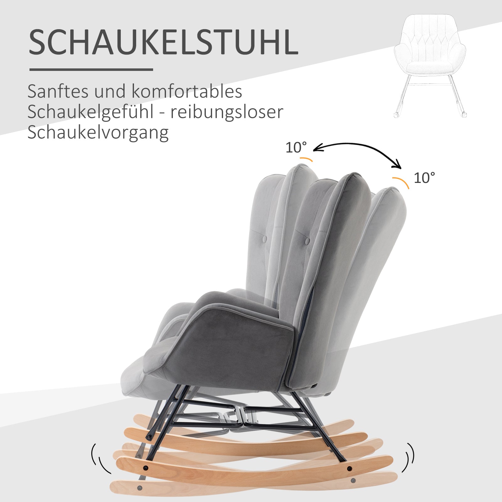 HOMCOM Schaukelstuhl mit Steppung, Holzkufen, Samtoptik, bis 150 kg, Dunkelgrau