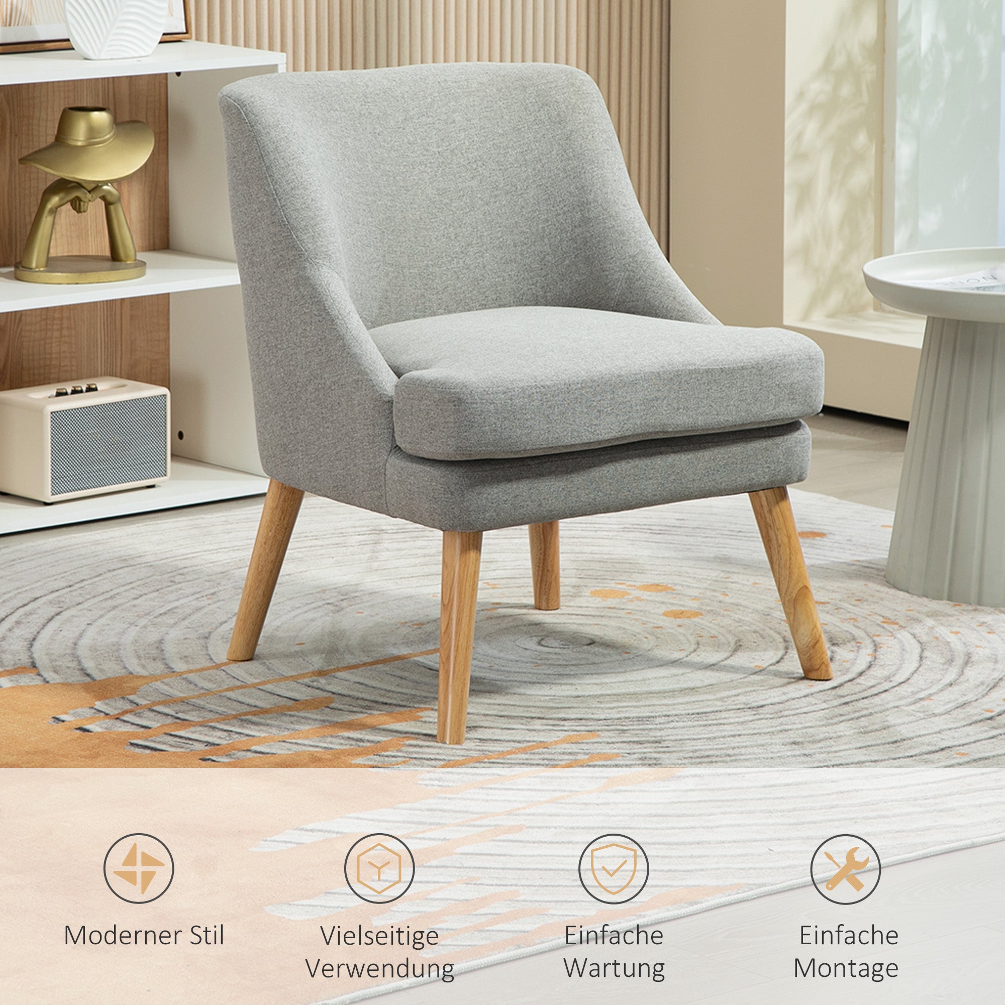 HOMCOM Gepolsterter Loungesessel in Leinenoptik, Armlehne, Holzbeine, für Wohnzimmer, Schlafzimmer, Hellgrau