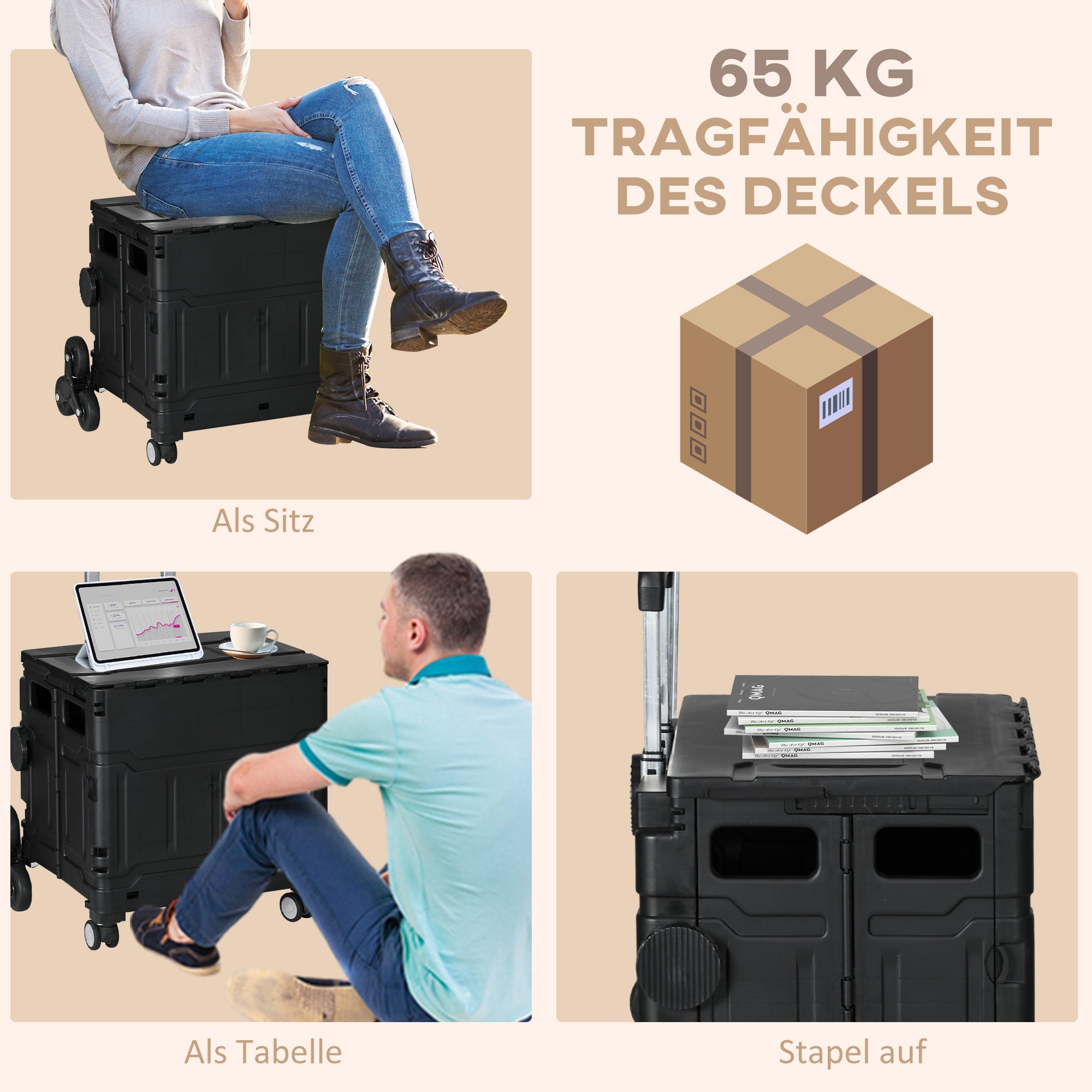 HOMCOM Einkaufswagen Einkaufstrolley, Treppensteiger,  klappbar, Teleskopgriff, bis max. 65 Kilo belastbar, Schwarz