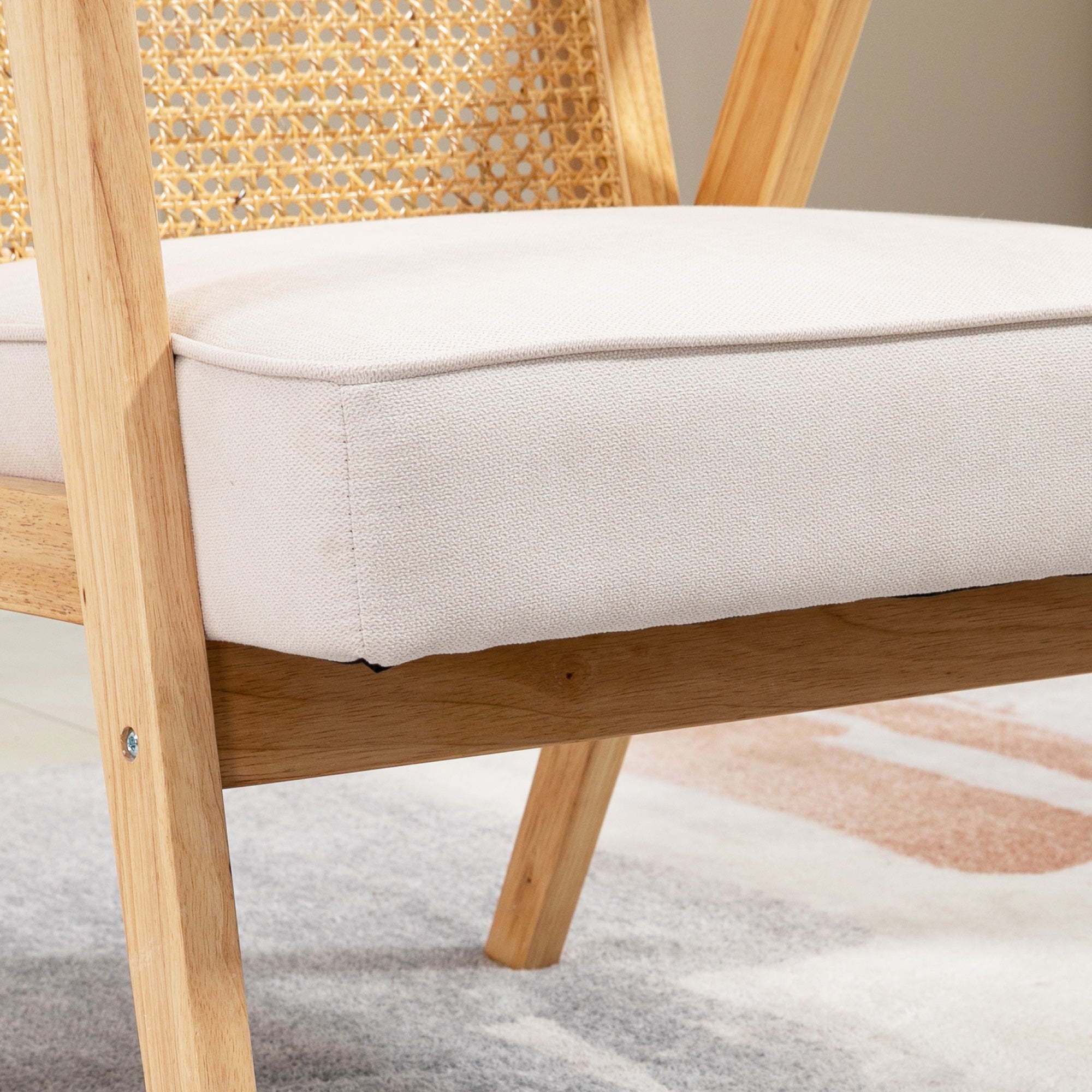 HOMCOM Exotischer Polsterstuhl, Kautschukholz, Sitzkissen in Leinenoptik, 63L x 69B x 78H cm, Cremeweiß