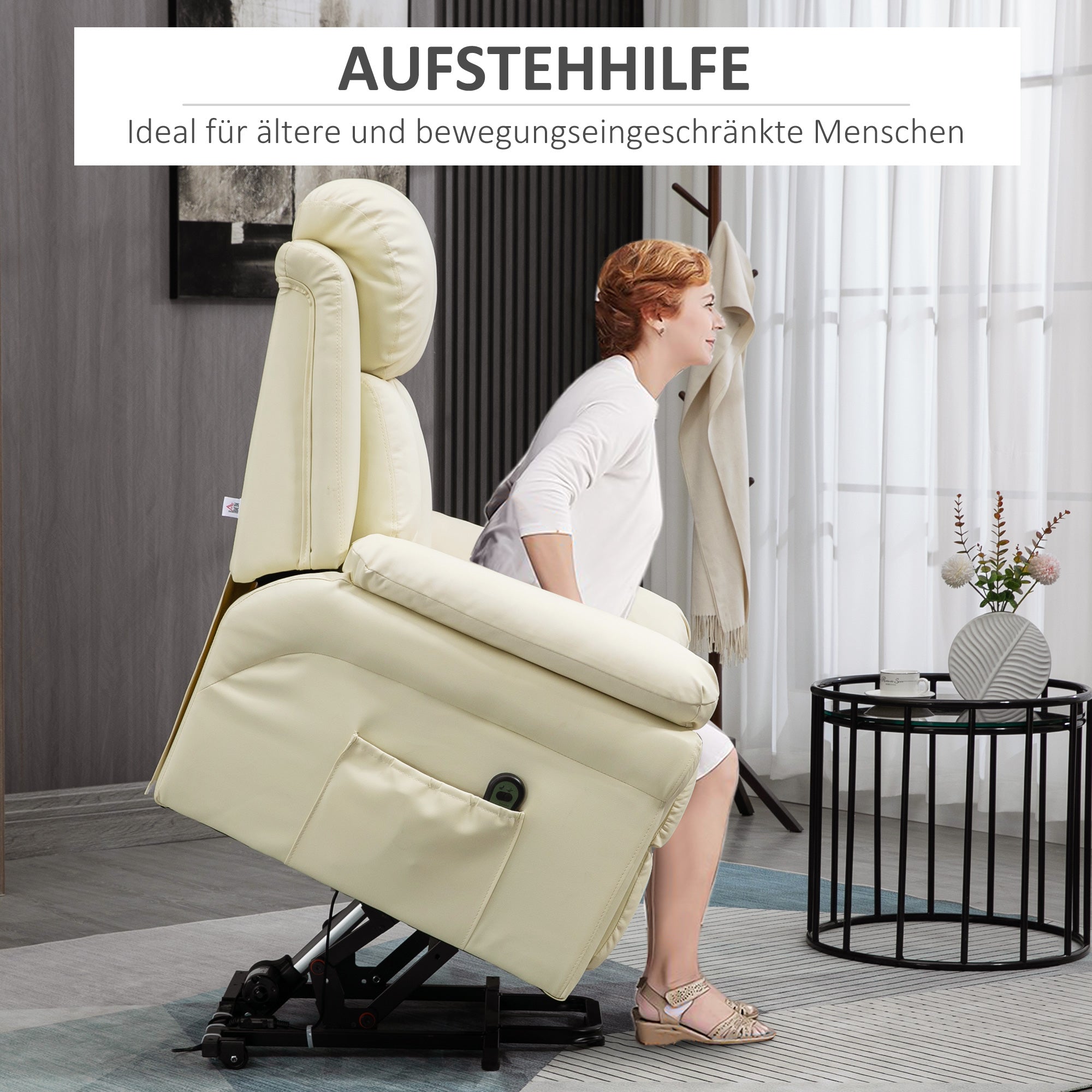 HOMCOM Relaxsessel mit Aufstehhilfe, inkl. Fußstütze und Kopfstütze, 1 Fernbedienung, Cremeweiß