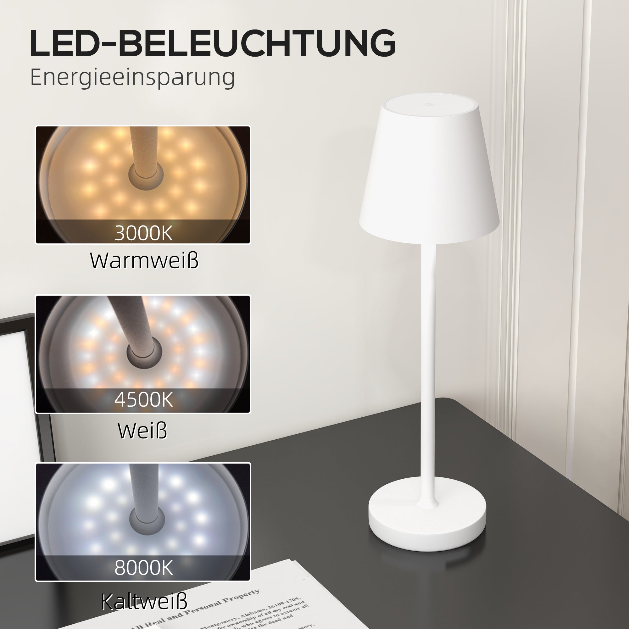 HOMCOM Aufladbare USB-Tischleuchte mit 3 Lichtfarben, Tragbare USB-Nachttischlampe mit Touch-Schalter, Metall, Weiß