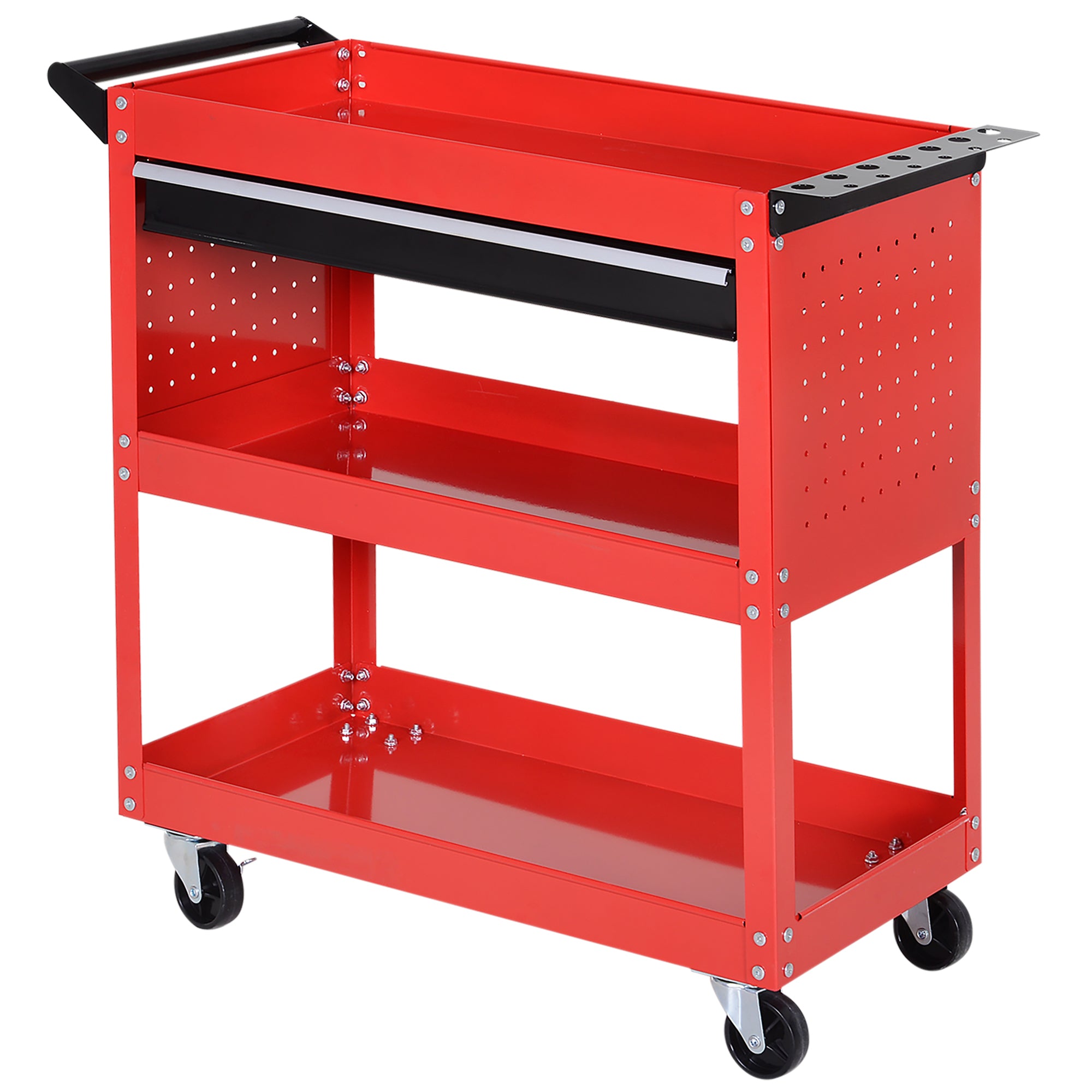 HOMCOM Werkzeugkoffer Werkzeugtrolley Werkzeugbox, 3 Ebenen, 4 Rollen, 82 cm x 35 cm x 76 cm, Rot