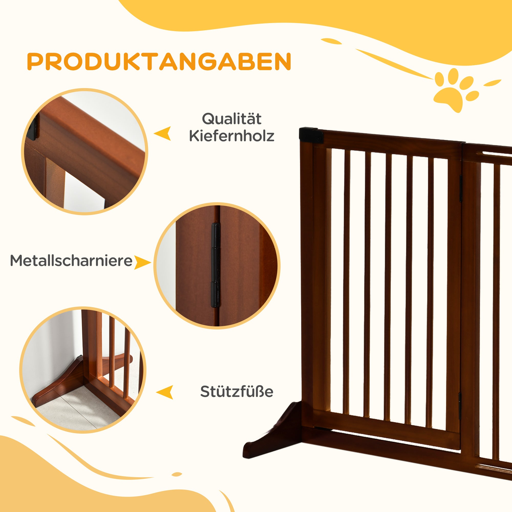 PawHut Absperrgitter Hunde Türschutzgitter Schutzgitter aus Holz Freistehendes Hundegitter mit Tür Hundeabsperrgitter Konfigurationsgitter für Kamin & Ofen Braun 113-166 x 36 x 71 cm