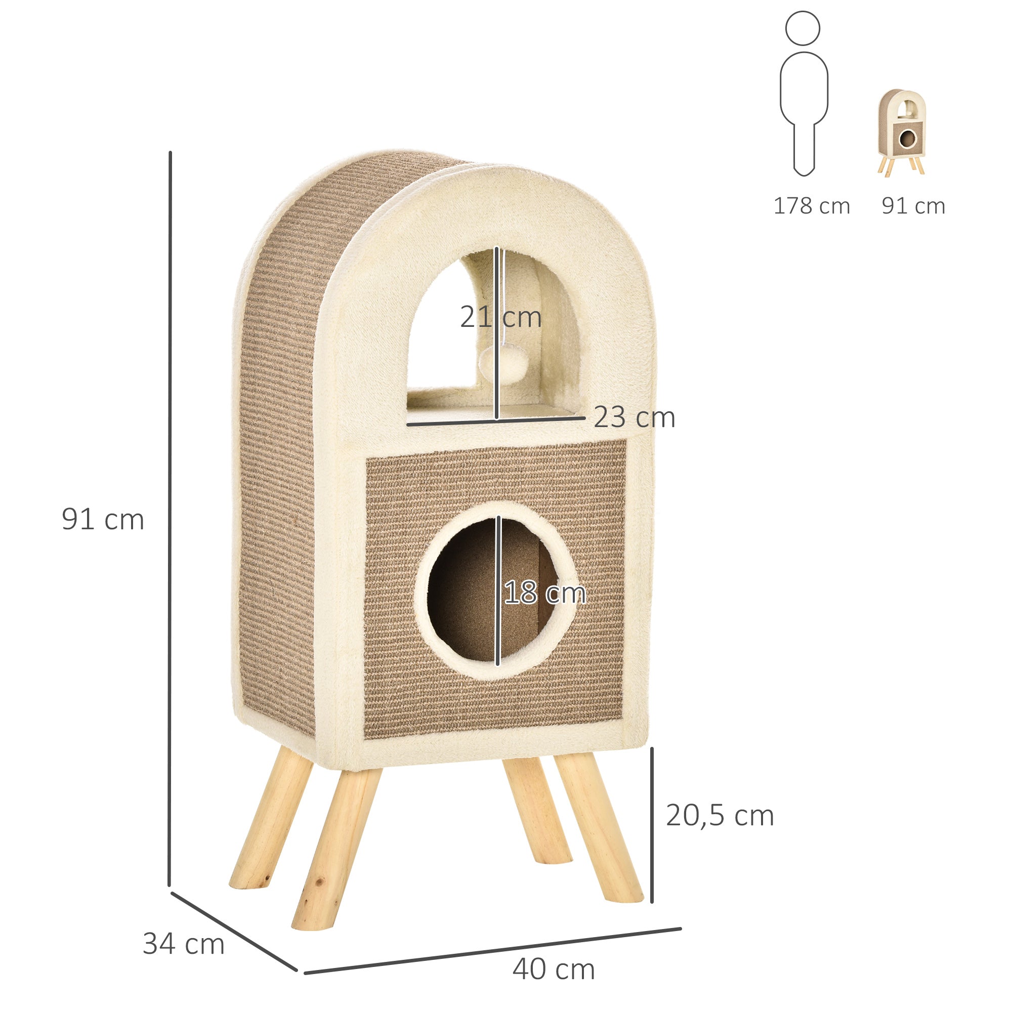 PawHut Kratzbaum Katzenhöhle Katzenkratzbaum Kratztonne mit kratzbrett Spielbällen katzenbett Kratzmatte mehrstöckig Spanplatte Plüsch Sisal Kaffee 40 x 34 x 91 cm