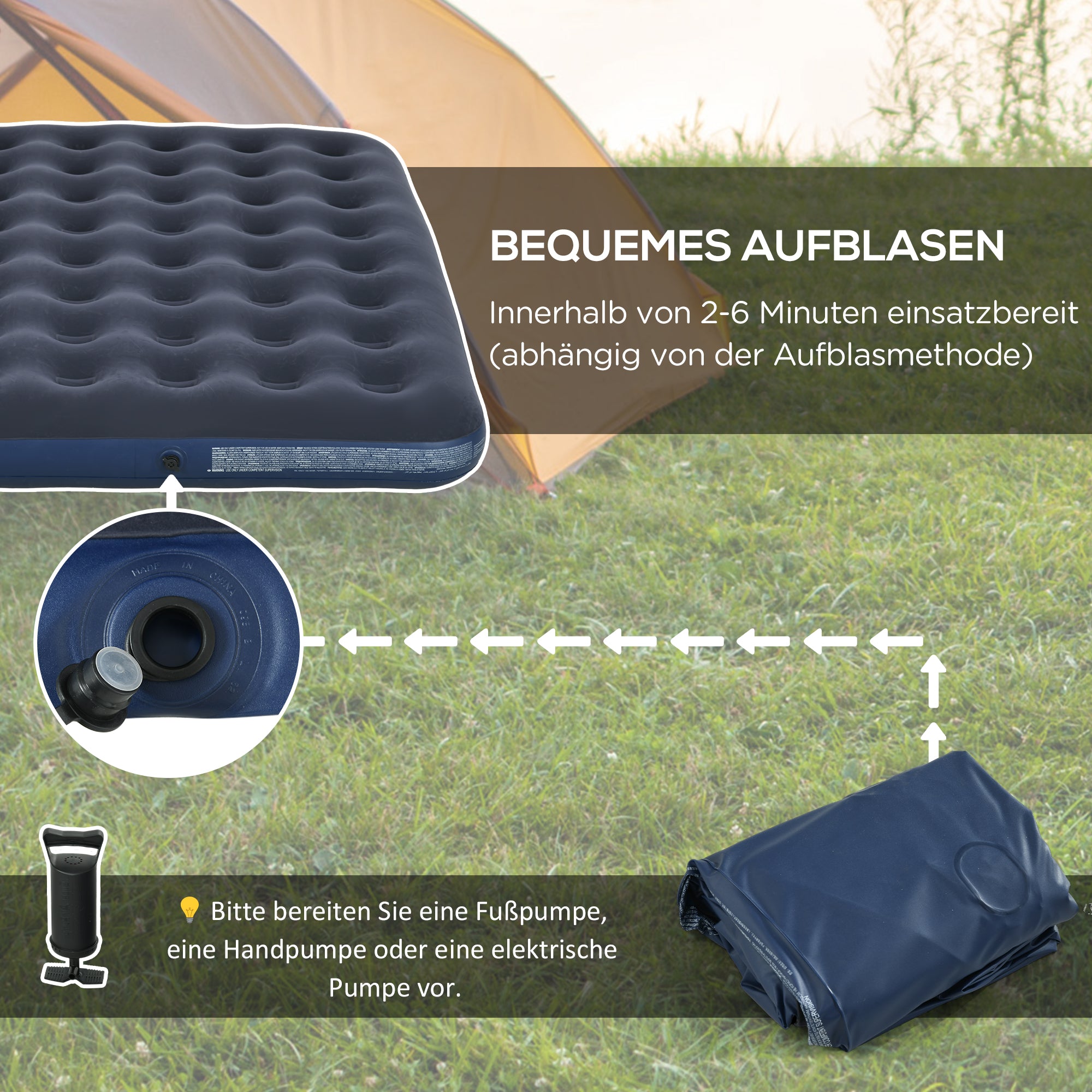Outsunny Luftmatratze für 2 Personen, weich & robust, 203x152x22cm, Dunkelblau