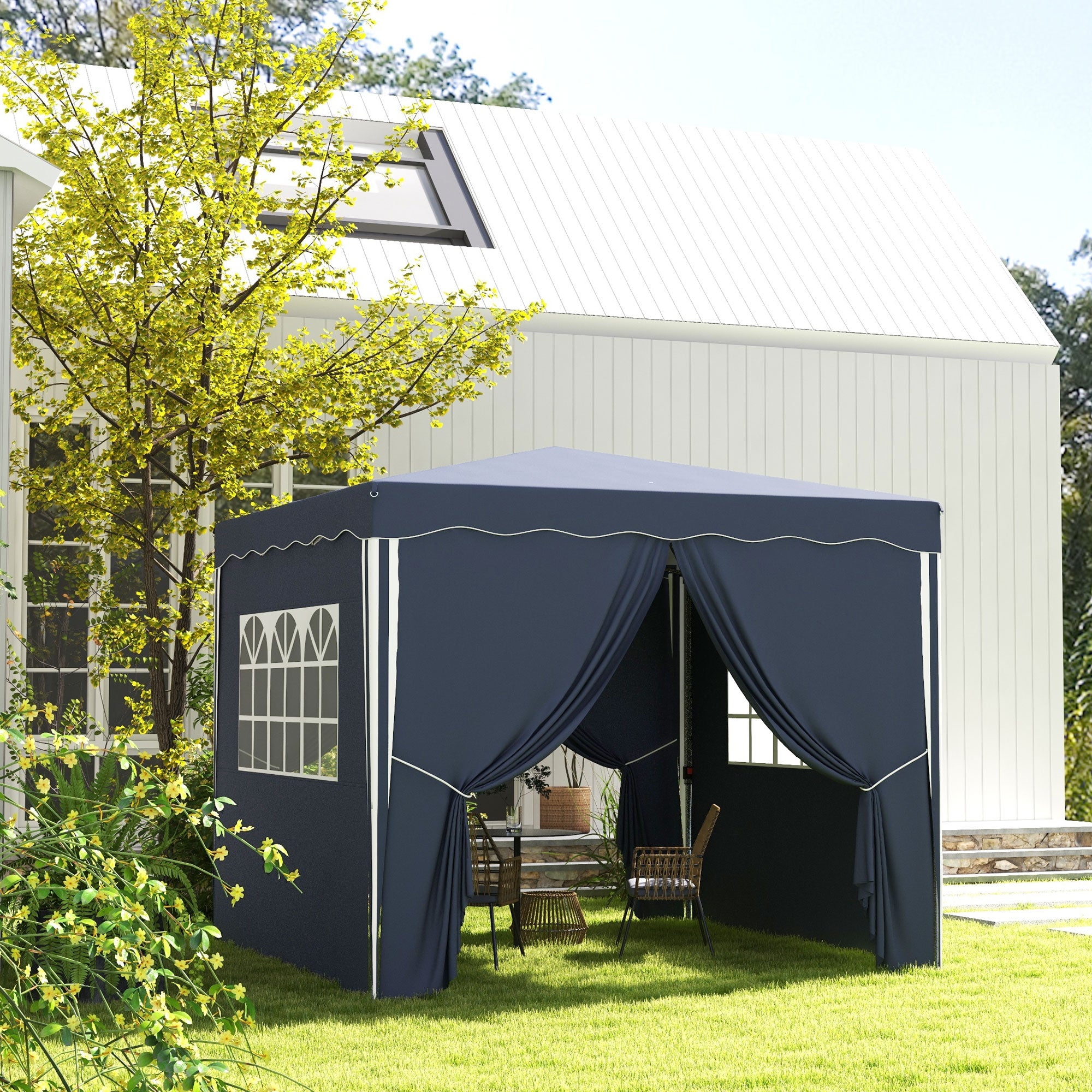 Outsunny Faltpavillon, Gartenpavillon, höhenverstellbar, 2 große Fenster, Tragetasche, Metallgestell, 3x3m, Blau