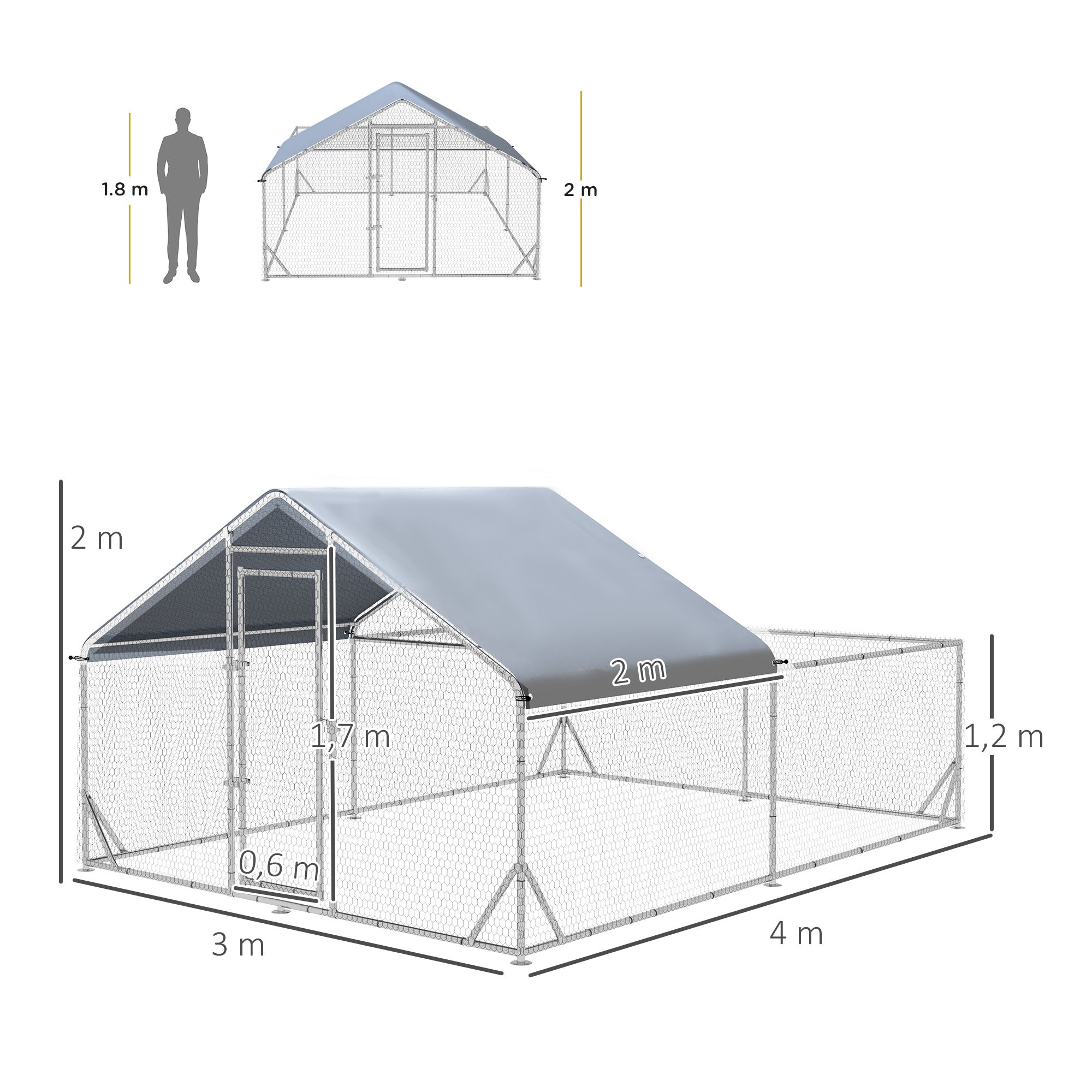 PawHut Zwerghühnerstall, wetterbeständig, begehbarer Stall, Stahlgitter, 400 cm x 300 cm x 195 cm, Silber
