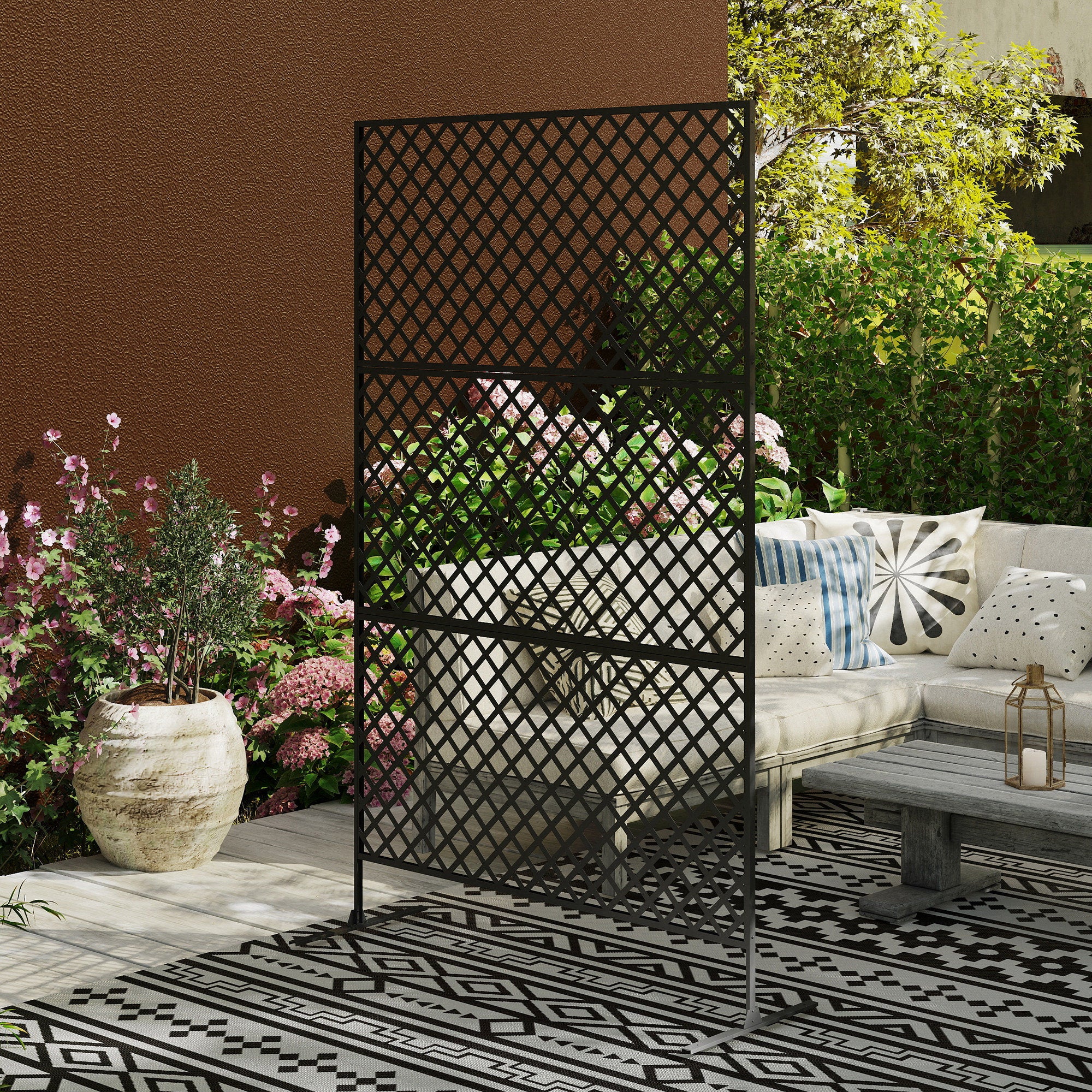Outsunny Outdoor-Raumteiler, Metall-Wandschirm für Terrasse, Veranda, Garten, Freistehendes Rankengitter, Stahl, Schwarz