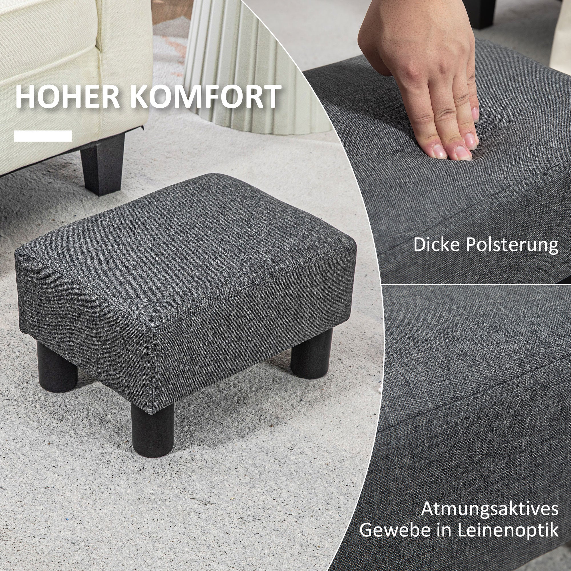 HOMCOM Fußhocker, Sitzhocker mit leinenartigem Stoffbezug, Schaumstoff-Füllung, Kunststoffbeine, für verschiedene Räume, Grau
