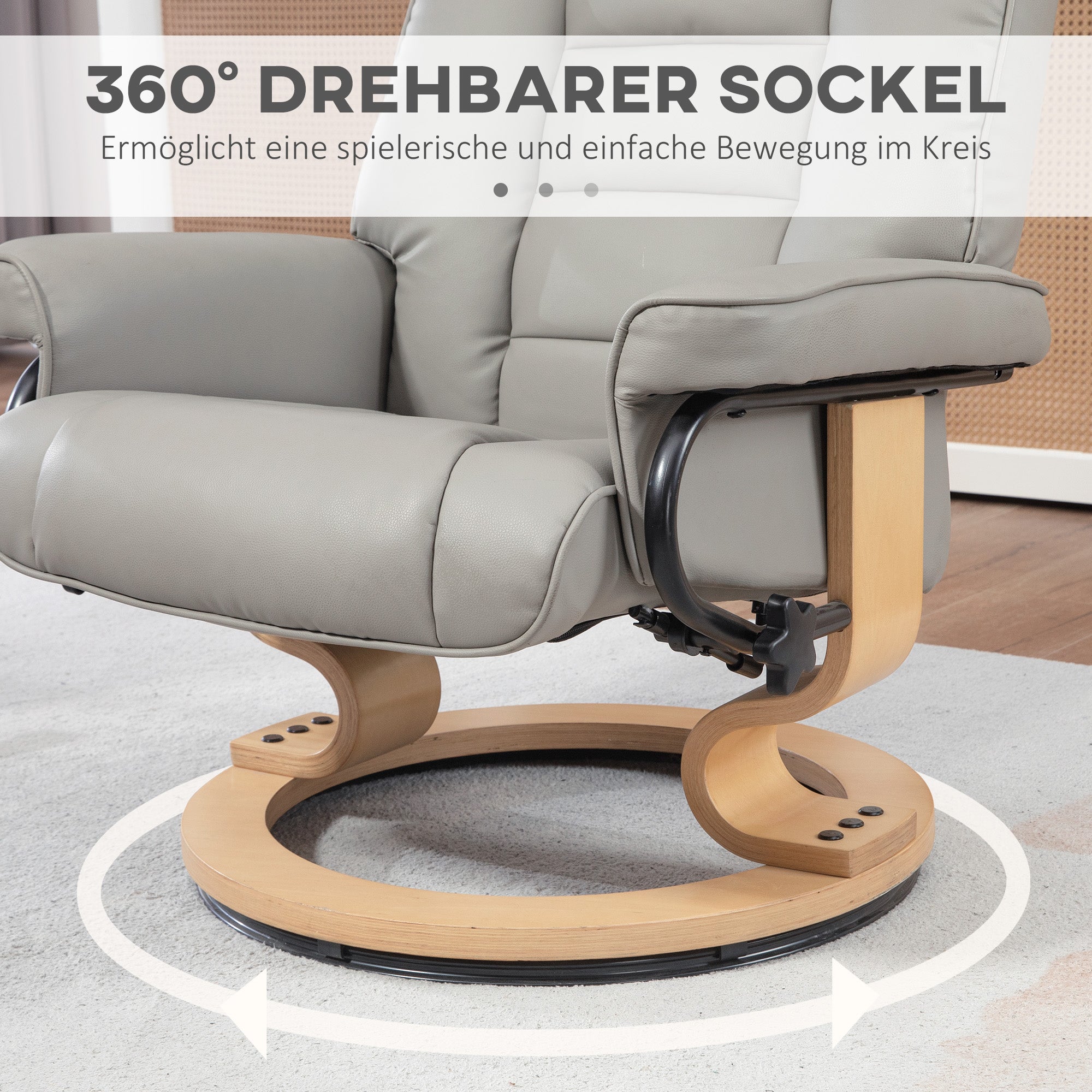 HOMCOM Relaxsessel mit Hocker, drehbar & neigbar, Kunstlederbezug, bis 150 kg, Holzgestell, Grau