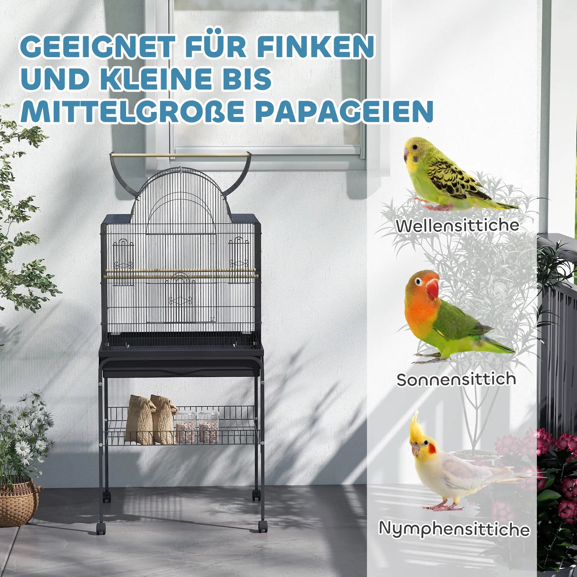PawHut Vogelkäfig für Kanarienvögel & Wellensittiche, mobil, mit Bodenfach, Metallgitter, Schwarz
