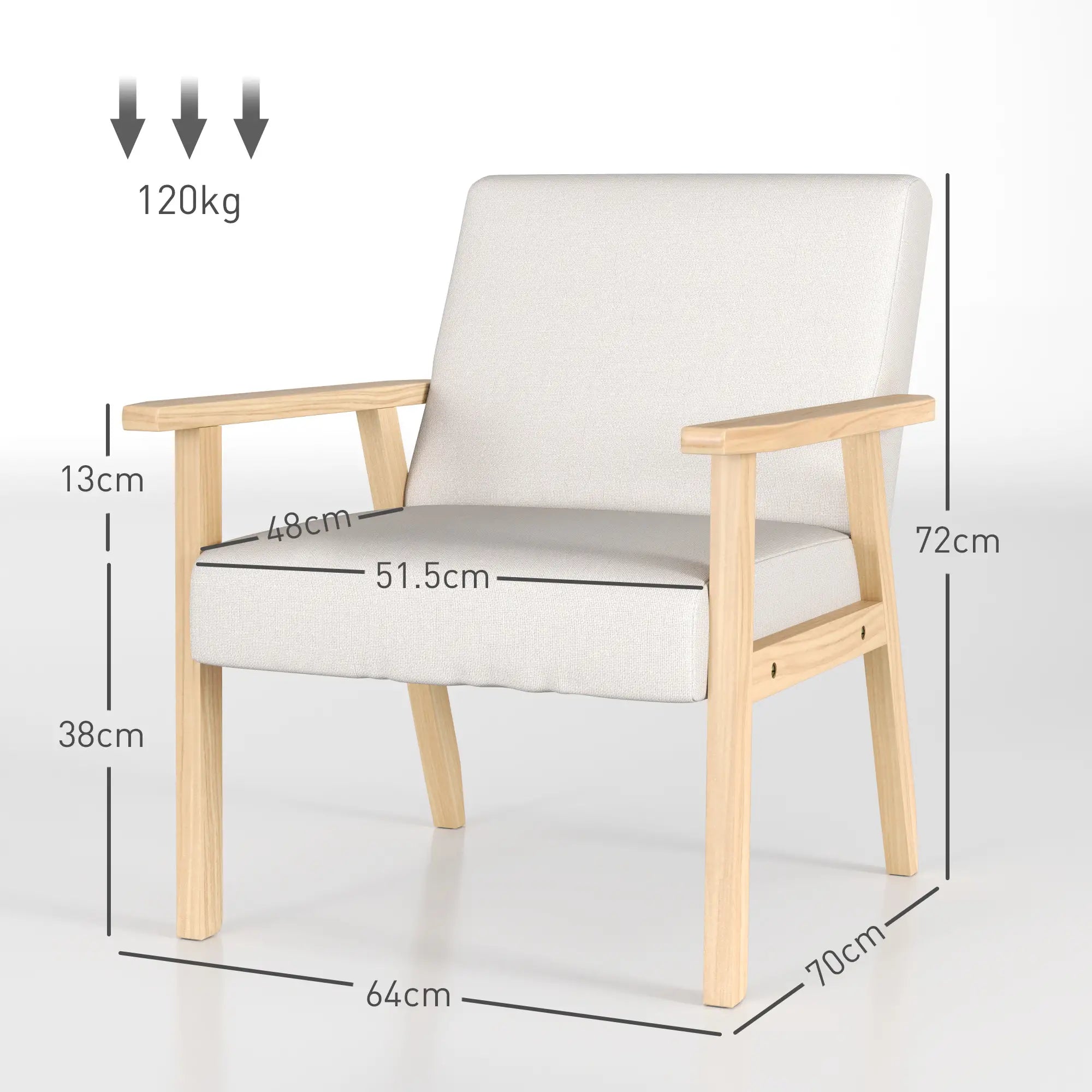 HOMCOM Polstersessel mit Armlehnen, Esszimmerstuhl in Leinenoptik, Massivholzrahmen, 64 x 70 x 72 cm, Creme
