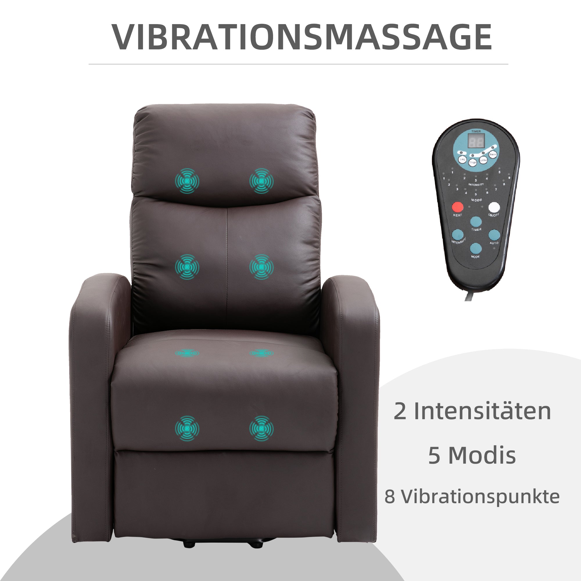 HOMCOM Massagesessel mit Aufstehhilfe, Relaxsessel, Liegesessel, Kopfstütze, 8 Vibrationspunkte, 2 Fernbedienungen, Braun