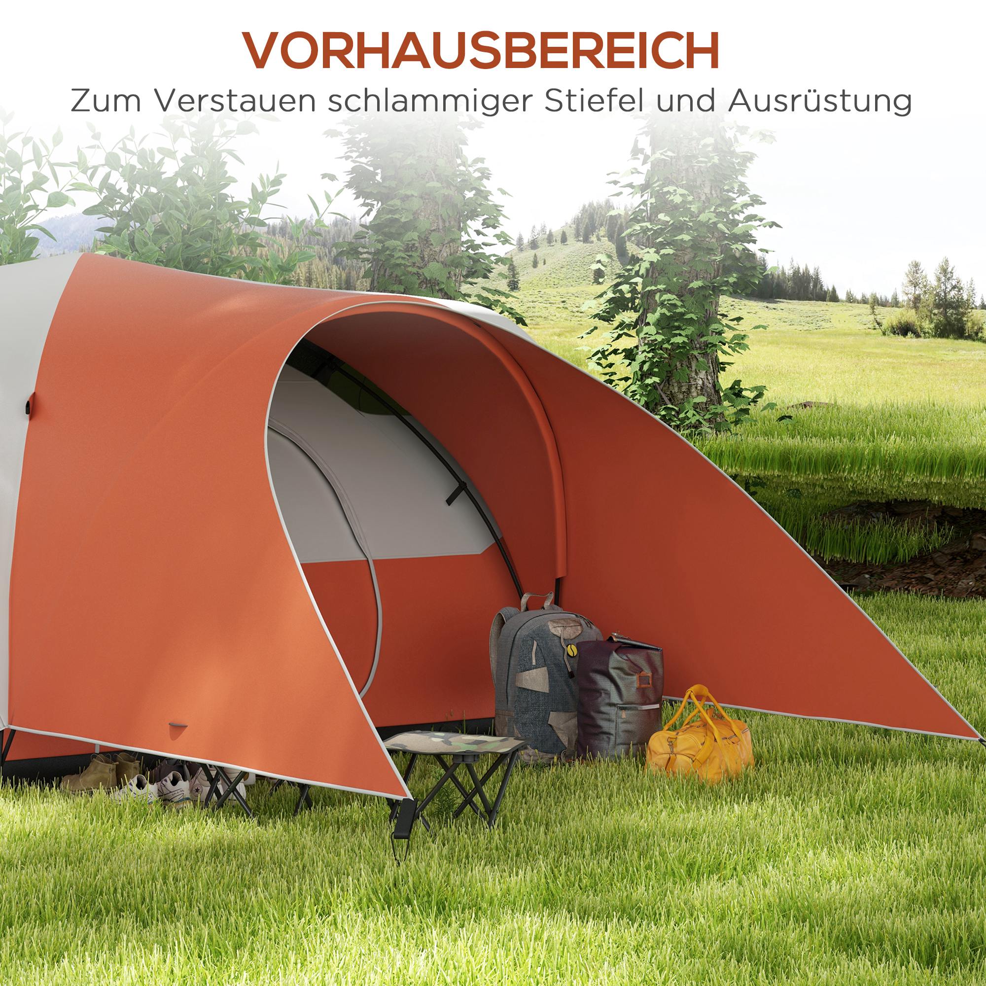 Outsunny Campingzelt für 5-6 Pers., Familienzelt, wasserdicht, mit Vorzelt, 550L x 300B x 198Hcm, Orange