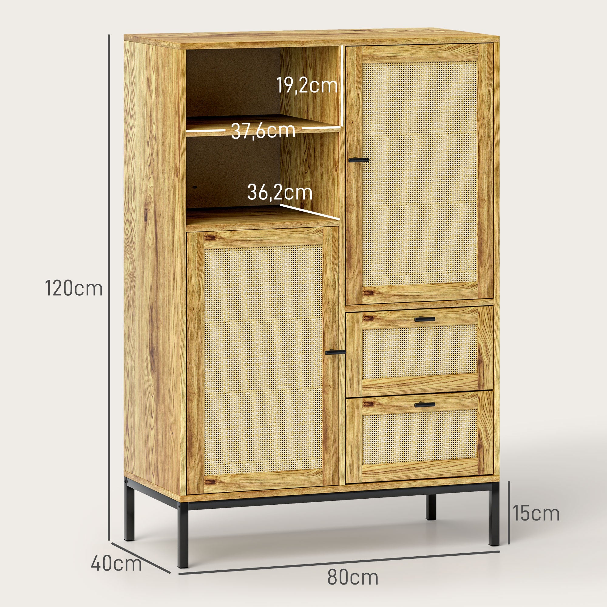 HOMCOM Aufbewahrungsschrank, Flexible Kommode mit Rattan-Türen, Schubladen und verstellbaren Regalen, 80B x 40T x 120H cm