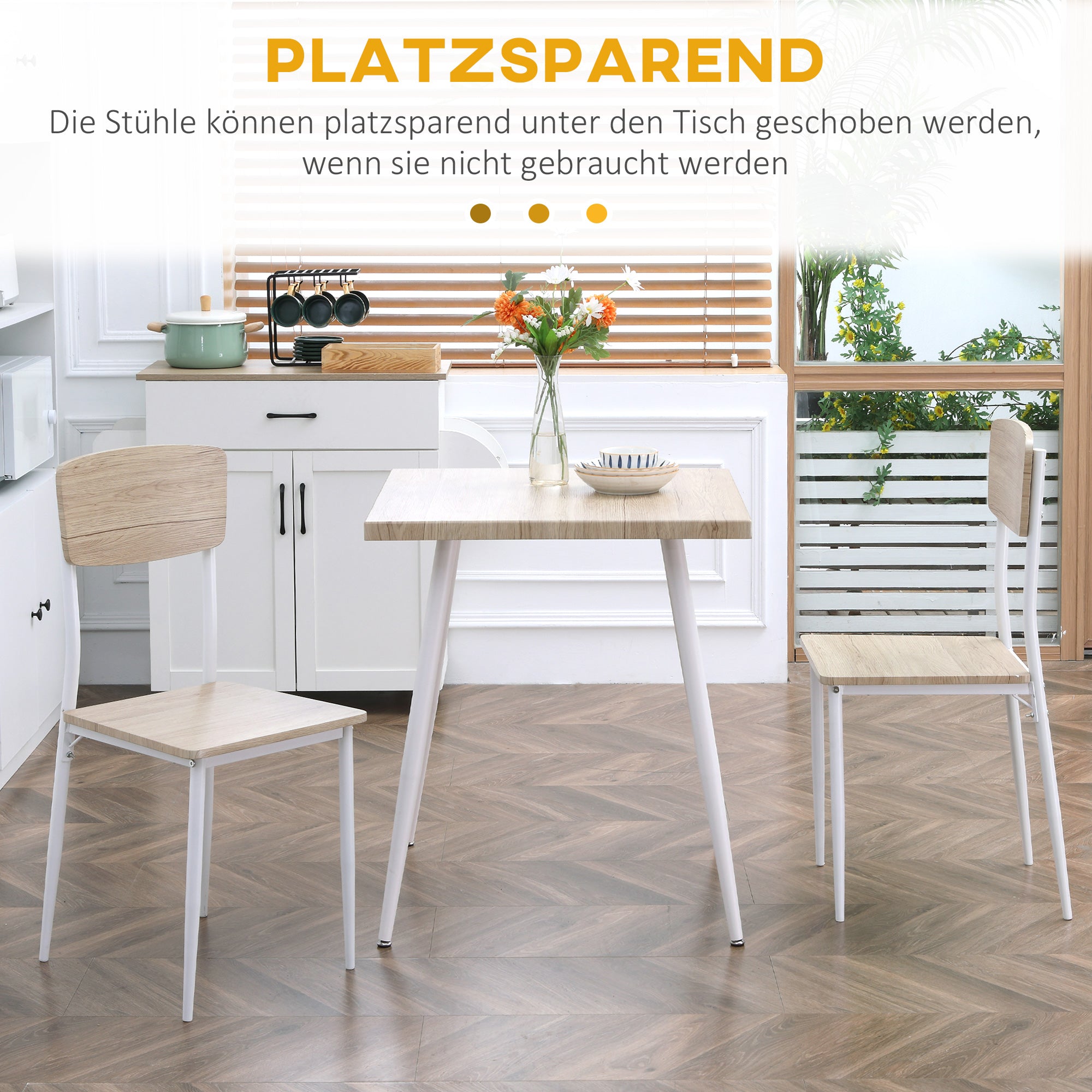 HOMCOM 3-teilige Essgruppe Esstisch mit 2 Stühlen Esszimmergruppe mit Metallgestell Sitzgruppe für Esszimmer, Küche Nautr+Weiß
