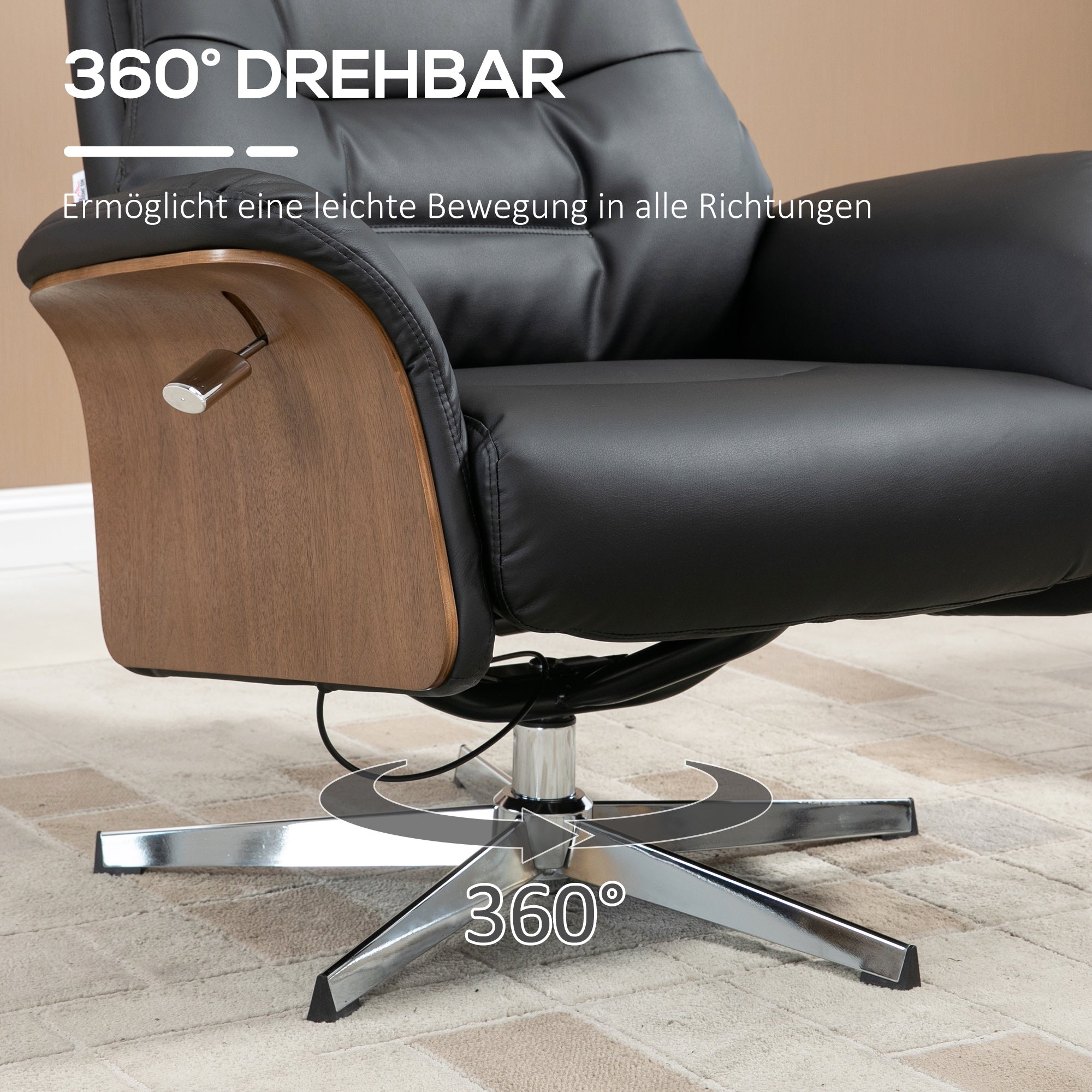 HOMCOM Relaxsessel mit Fußhocker, um 360° drehbar, Liegefunktion, Lesesessel, schwarz, 80 x 84 x 108 cm