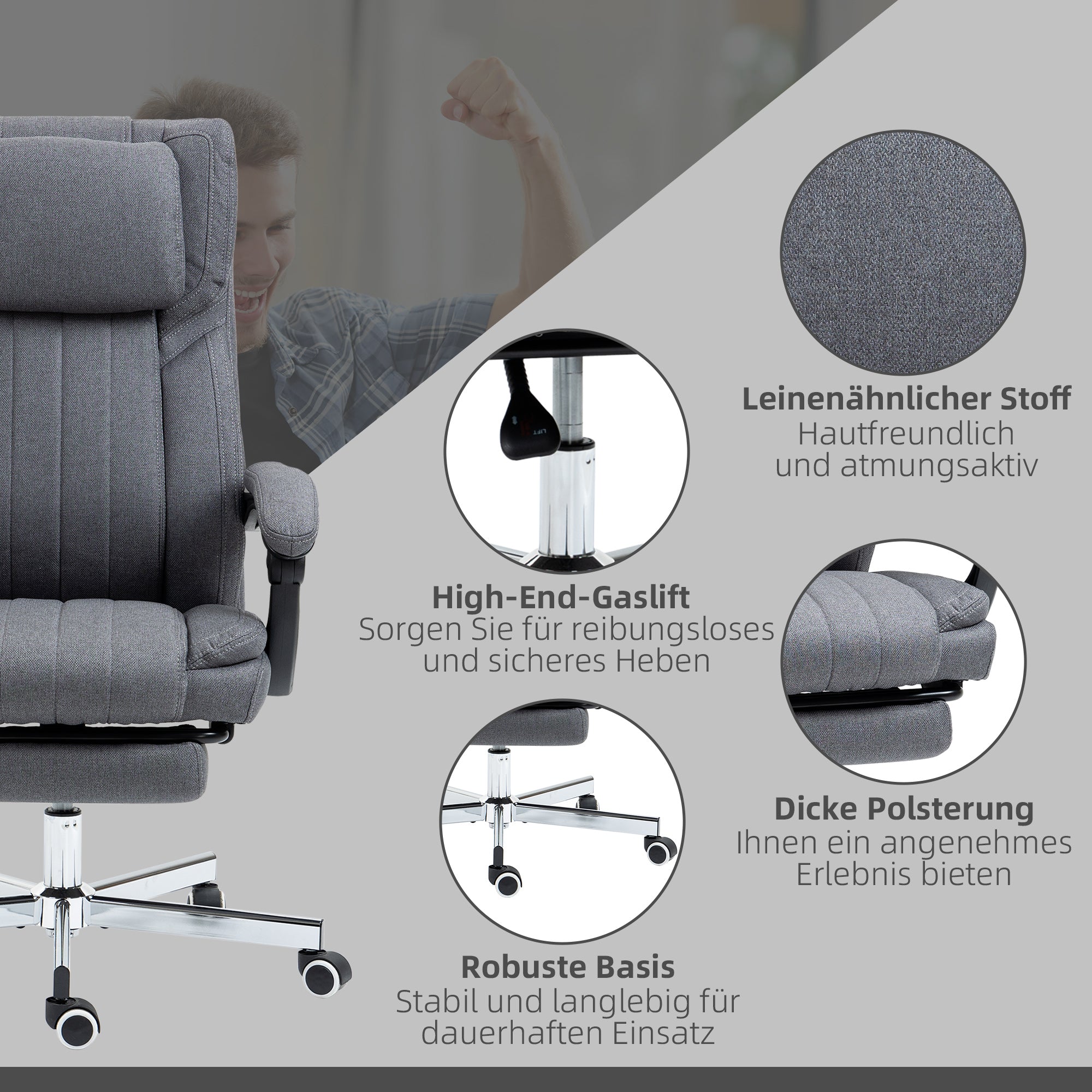 Vinsetto Bürostuhl mit Massagefunktion, neigbare Rücklehne, ausziehbare Fußstütze, Leinenoptik, grau, 65 x 61 x 113 cm