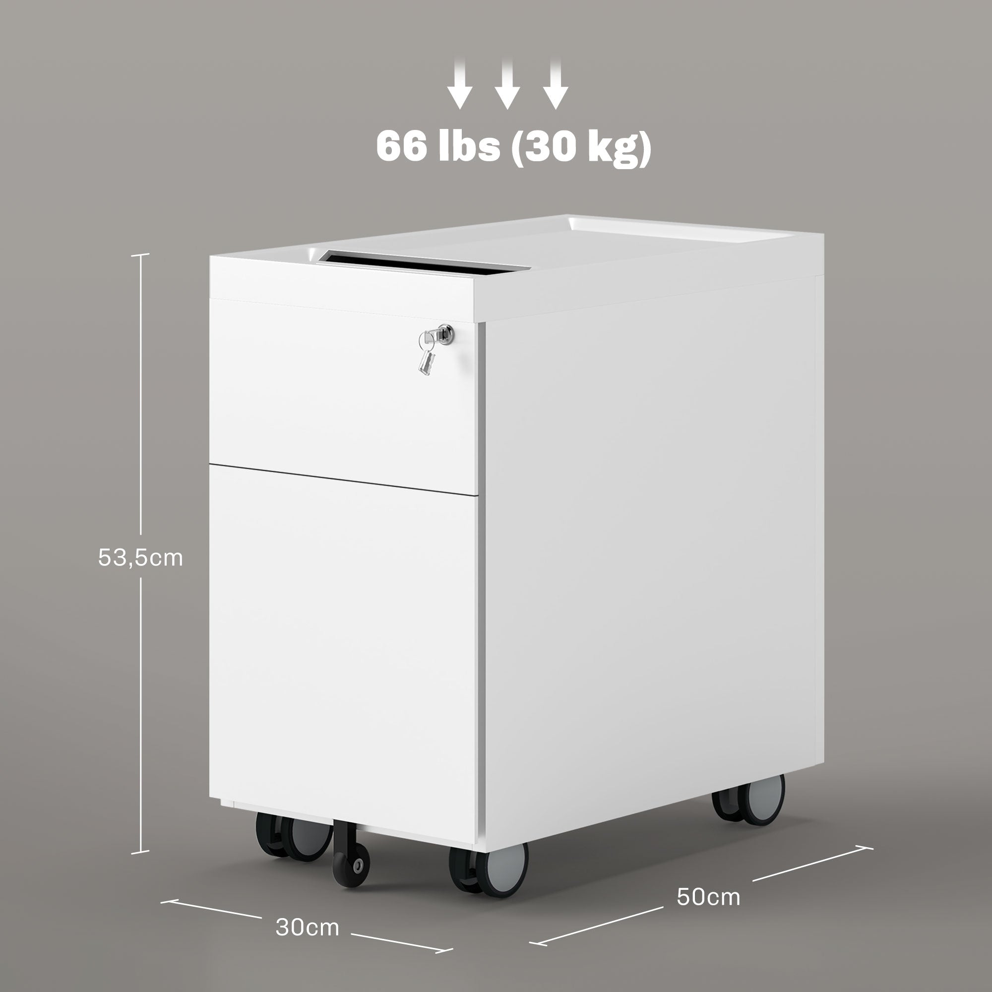 HOMCOM Aktencontainer mit Doppelschloss, Hängeregister, pulverbeschichteter Stahl, 30x50x53,5 cm, Weiß