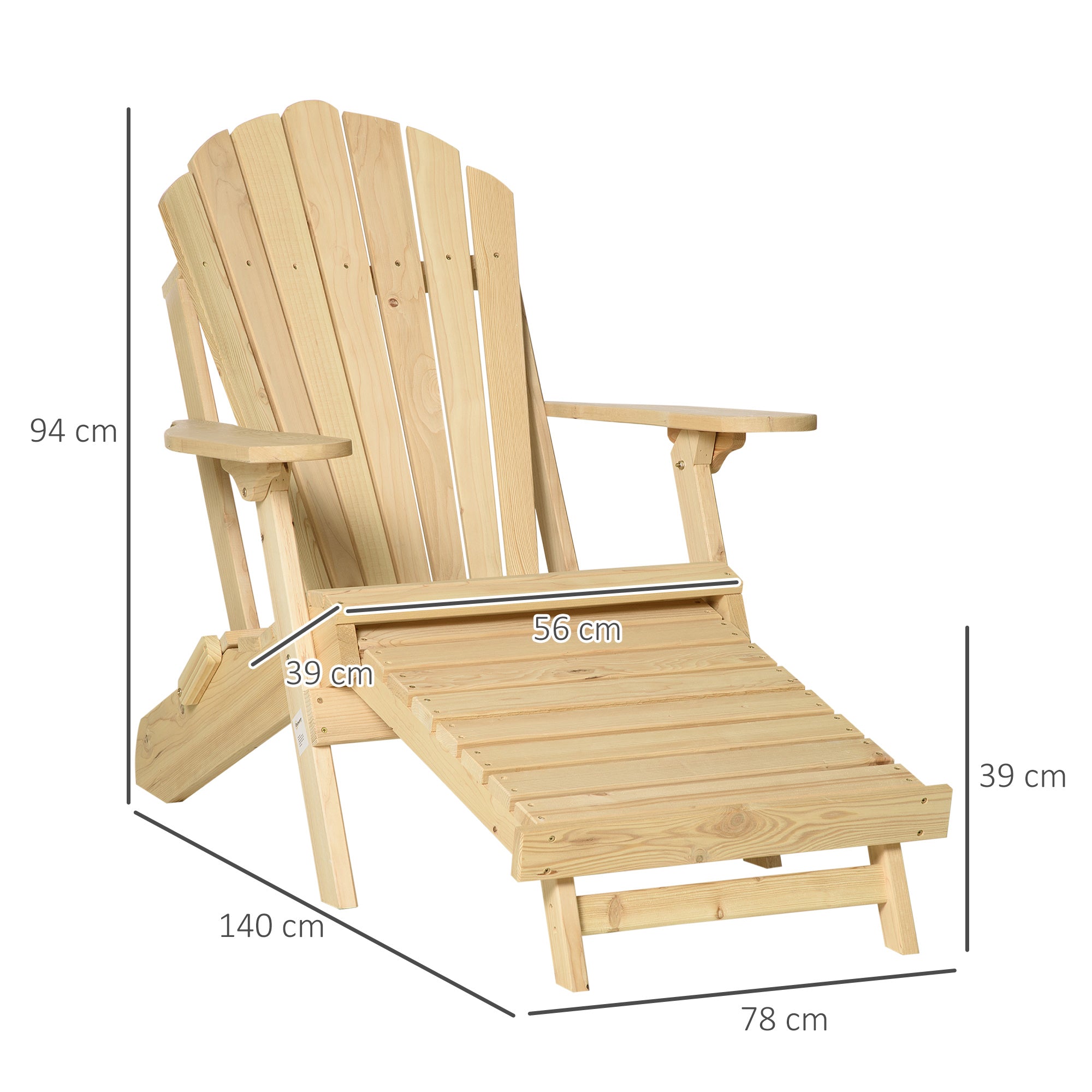 Outsunny Adirondack Stuhl Klappbar Adirondack Chair aus Holz Outdoor Gartenstuhl mit Fußstütze Hoher Rücken- und Armlehnen Balkonstuhl Gartensessel für Garten, Balkon 78 x 140 x 94cm Natur