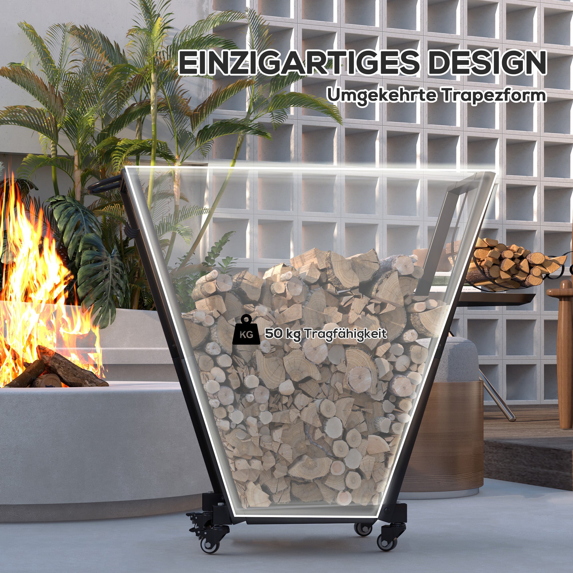 Outsunny Feuerholzgestell, trapezförmiges Design, pulverbeschichteter Metall, mobil mit Rollen, 79 x 30 x 81 cm, Schwarz