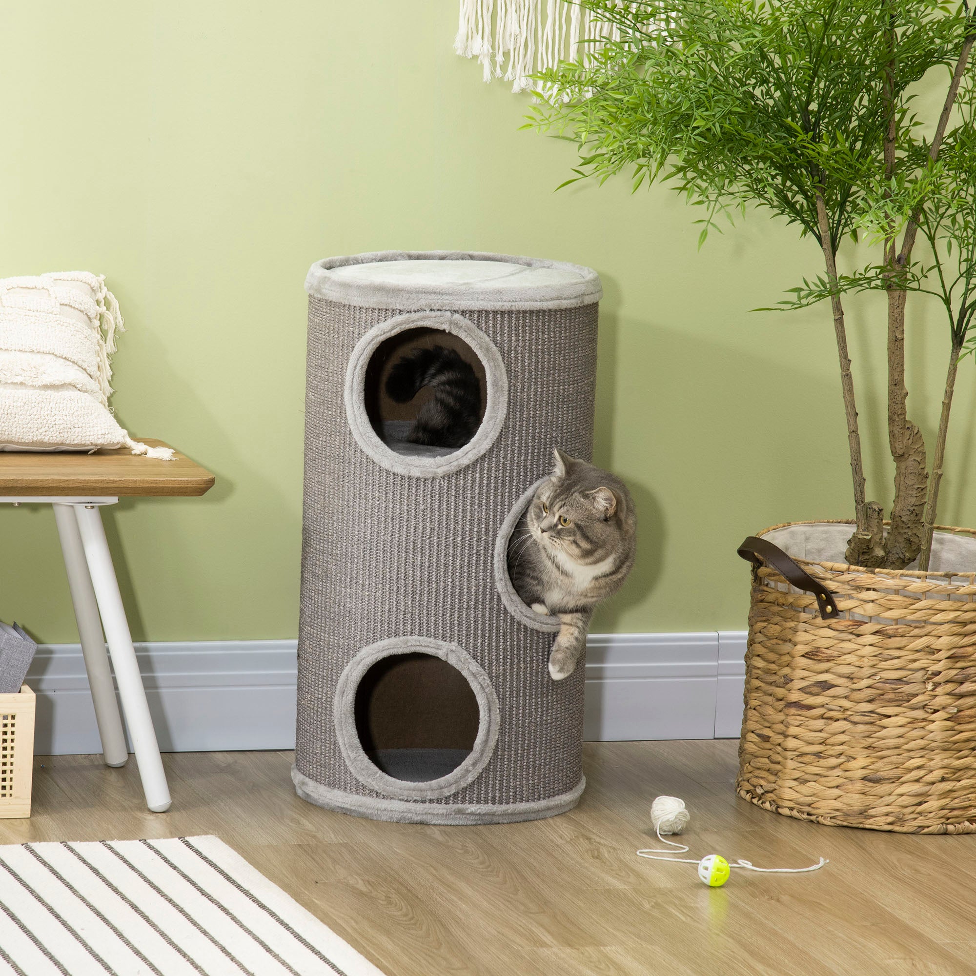 PawHut Kratztonne Katzenbaum 3 Ebenen Sisal-Kratzmatte