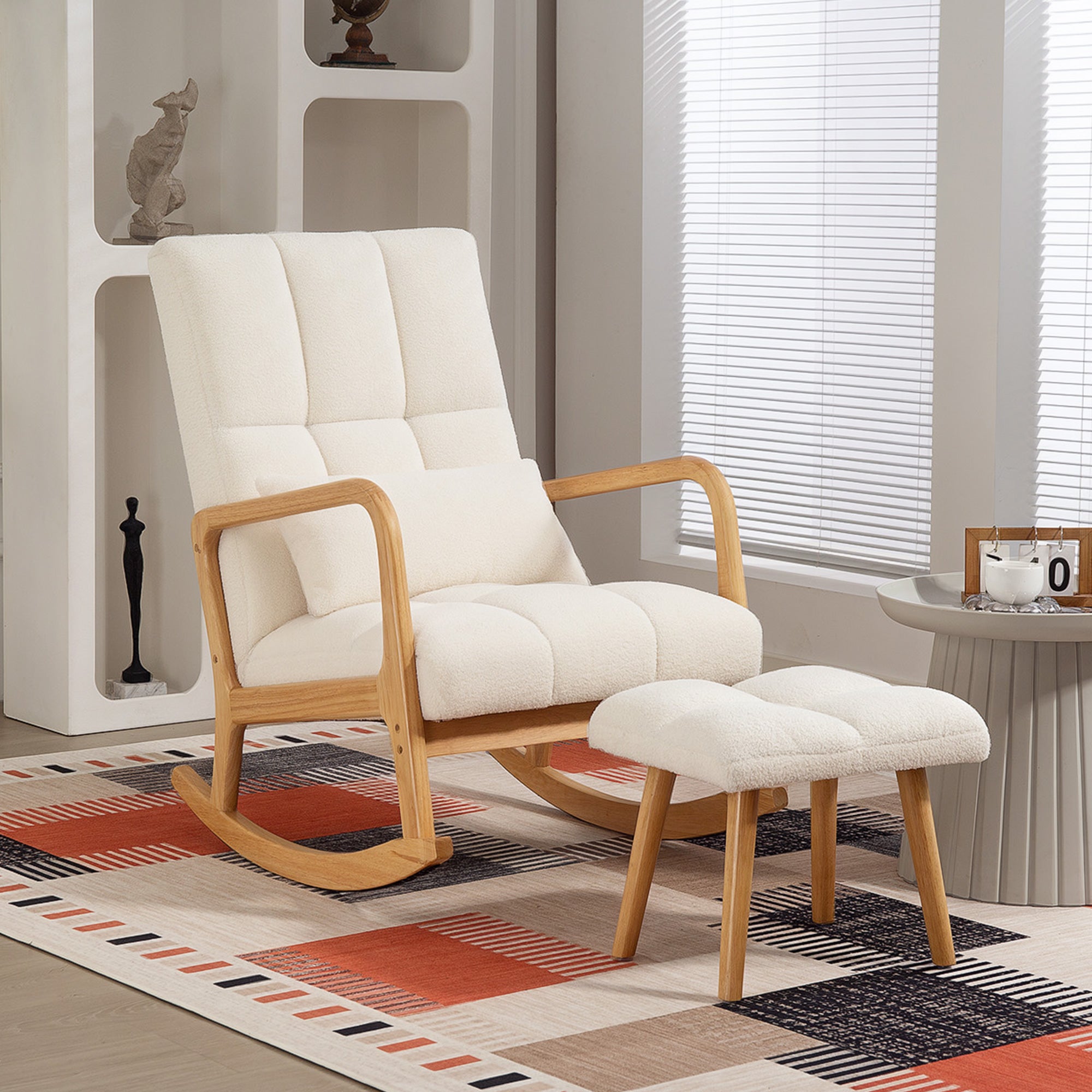 HOMCOM Schaukelstuhl mit Fußhocker, Fleece-Bezug, Hohe Rückenlehne, Holzbeine, Fußpads, Weiß